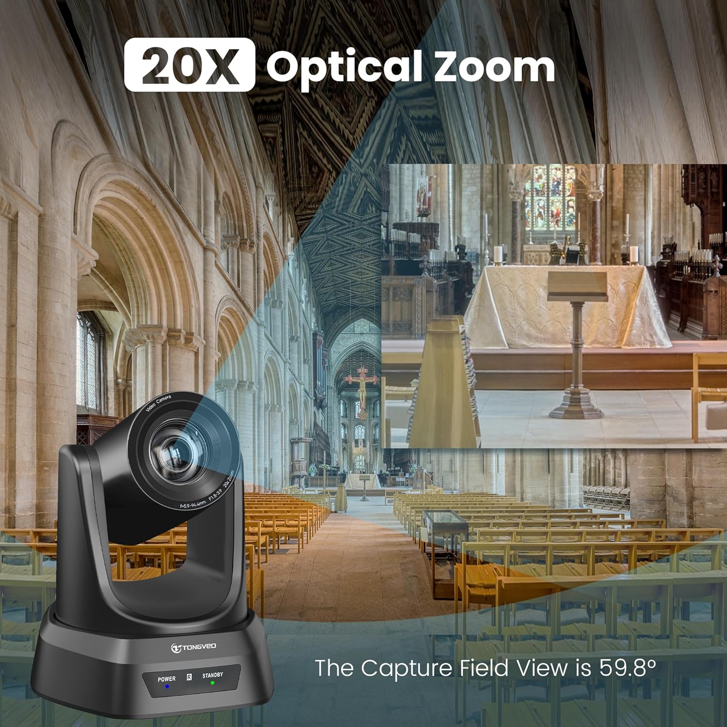 TONGVEO Telecamera PTZ HDMI 20X Zoom Ottico, Chiesa Live Streaming USB 1080P 60fps Telecamera per Servizi Religiosi Conferenze Online, funziona con Zoom, Skype OBS Facile da Impostare