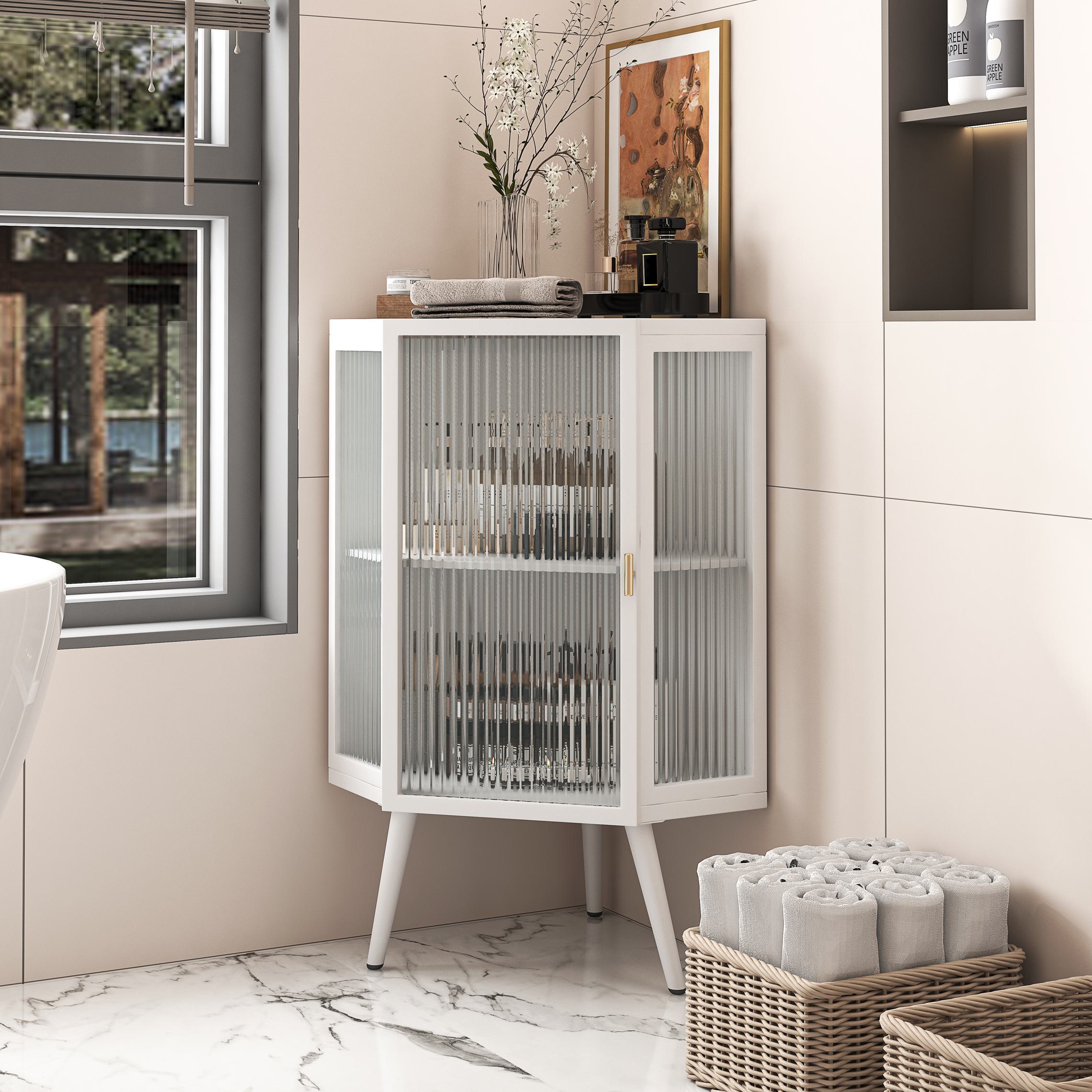Eckschrank mit Glastür, Verstellbarem Regal und Modernem Design für Badezimmer, Wohnzimmer, Schlafzimmer, 56,5×42,5×80 cm, Weiß