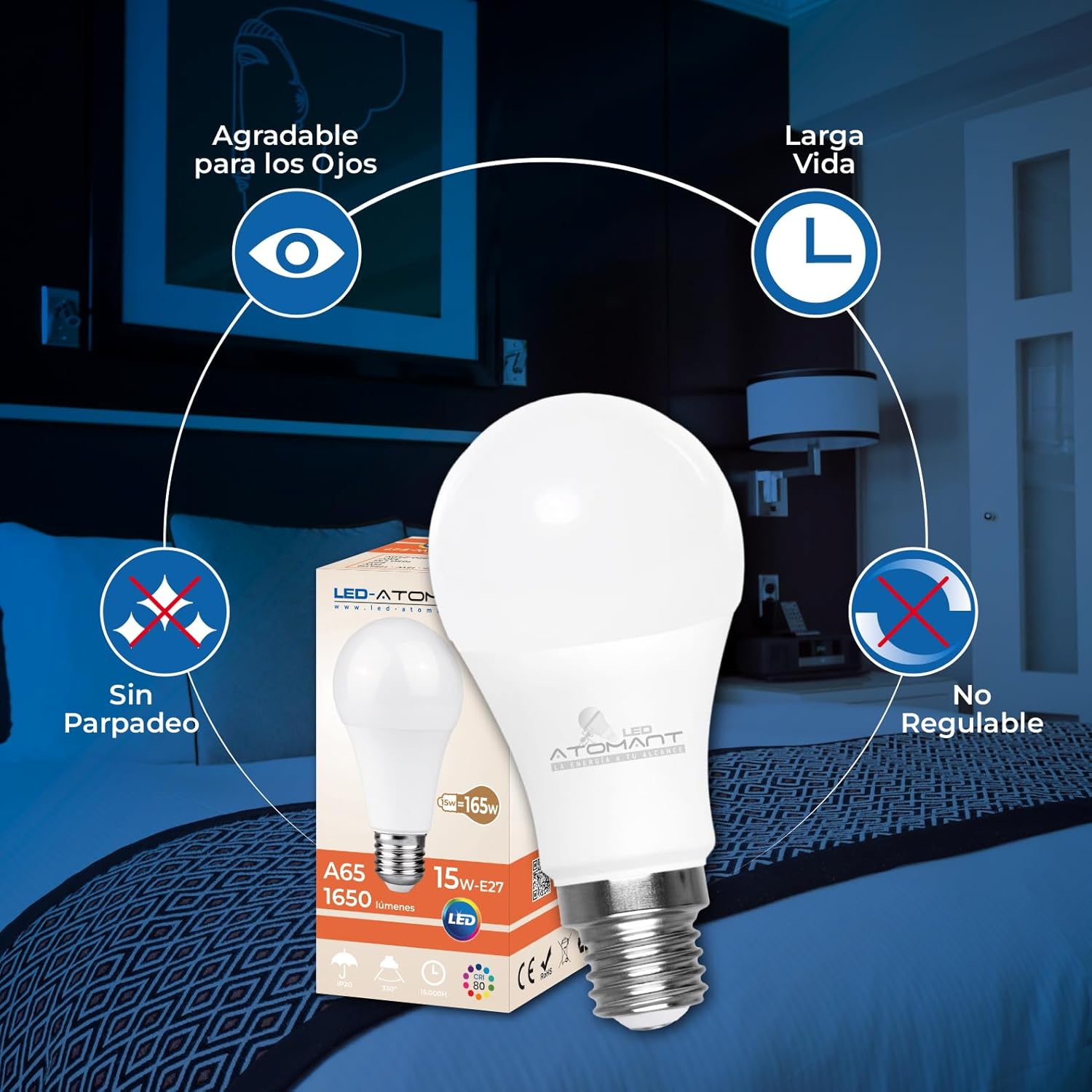 LED ATOMANT Packung mit 100 LED-Lampe E27 A65 15W, Warmweiß (3000 K), 1650 Lumen, Großer Schraubsockel, Entspricht 165W, Nicht dimmbar
