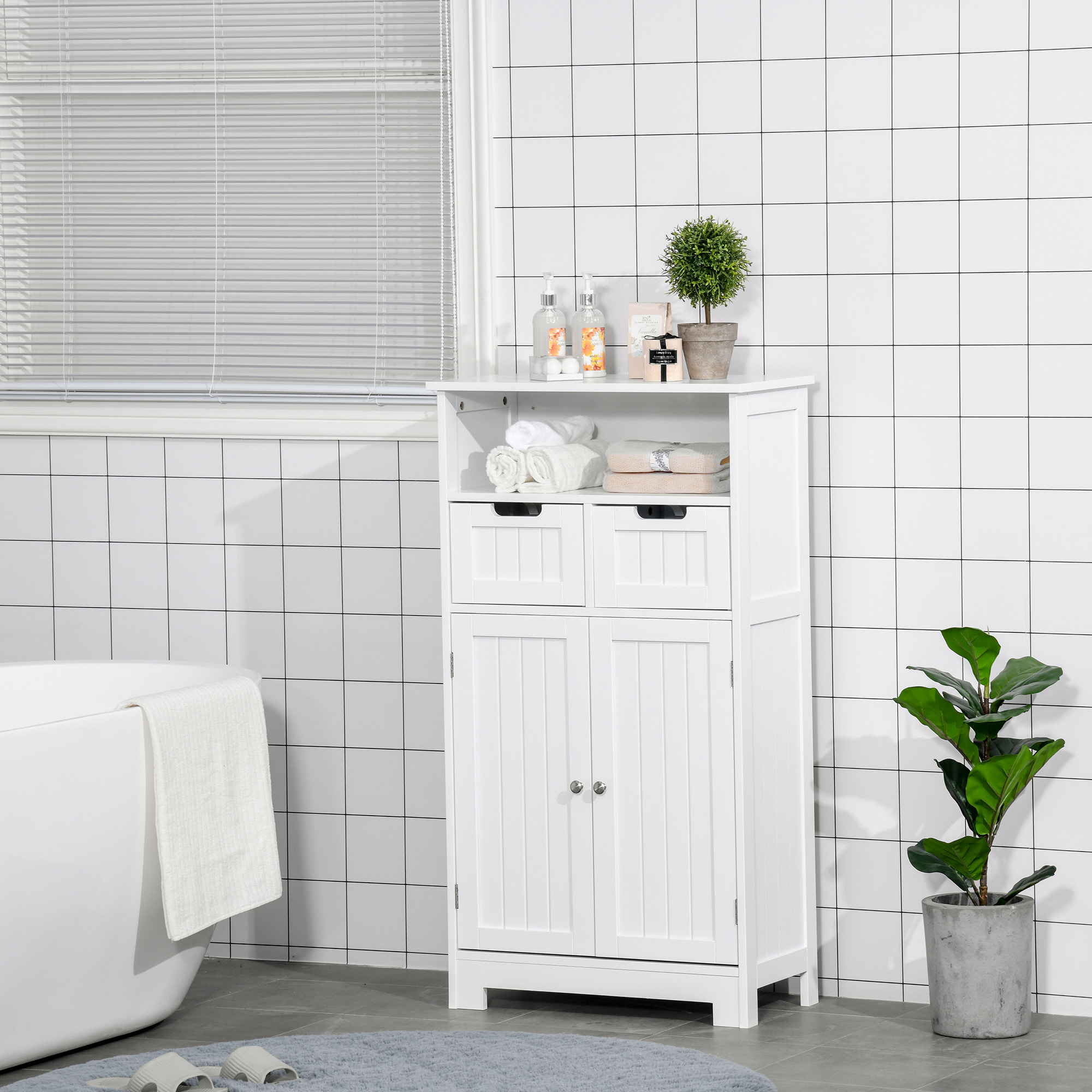 kleankin Badzimmerschrank, Badeschrank, Badkommode mit 2 Schubladen, 1 Türschrank, Ablage verstellbar, MDF, 60 x 30 x 108,8 cm, Weiß