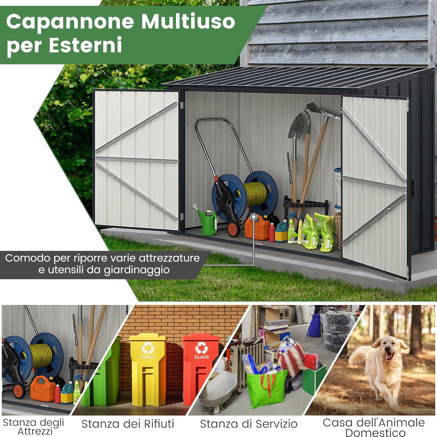 RELAX4LIFE Casetta da Giardino 1,66 m² 2,11 m³con Ampio Spazio di Stoccaggio, Tetto Apribile e Porta con Chiavistello e Serratura, per Bidoni della Spazzatura e Attrezzi