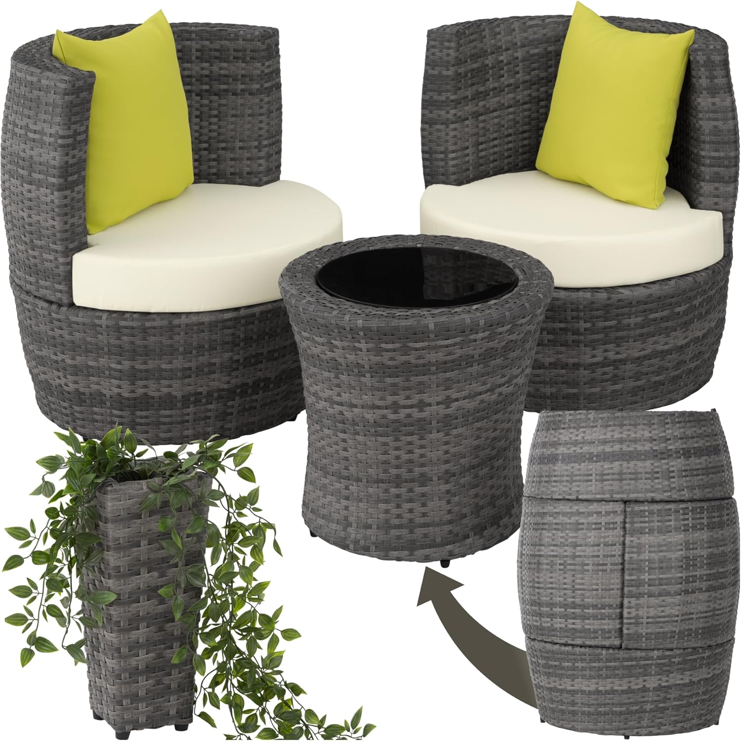 TecTake® Garden Furniture Set, Poly Rattan and Aluminium, 2 Chairs, 1 Table, 1 Vase, Cushions, Outdoor Chair, Armchair, Balcony Set, Garden Chair, Table with Outdoor Chairs - Grey