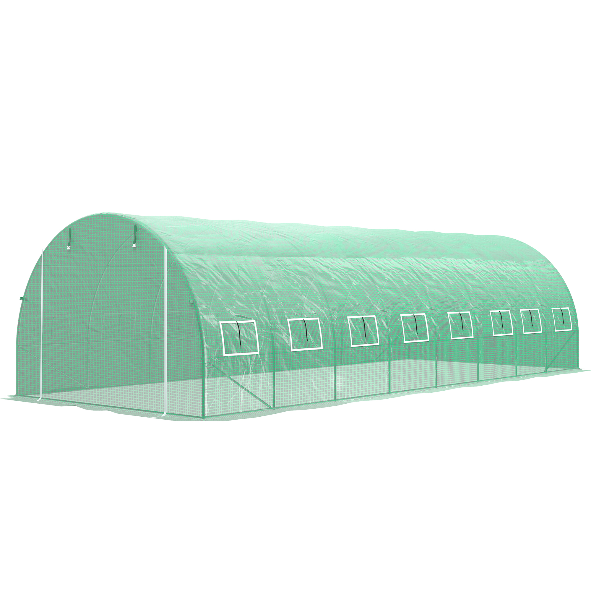 Outsunny Garten-Tunnel-Gewächshaus 24m² 8L x 3B x 2H m - 16 Fenster, aufrollbare Reißverschlusstür Stahl-Galvanisierter Rohrrahmen, PE, Grün