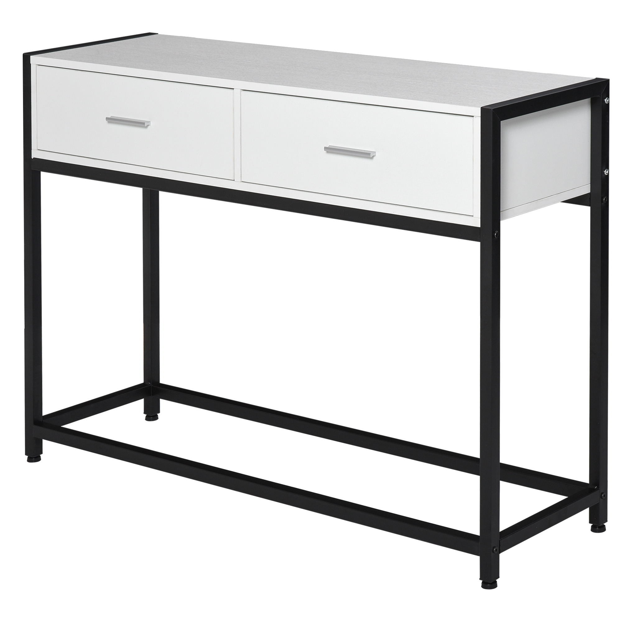 HOMCOM Konsolentisch für Eingangsbereich mit 2 Schubladen, Weiße Holzplatte und Schwarze Metallbeine 120x34x81cm