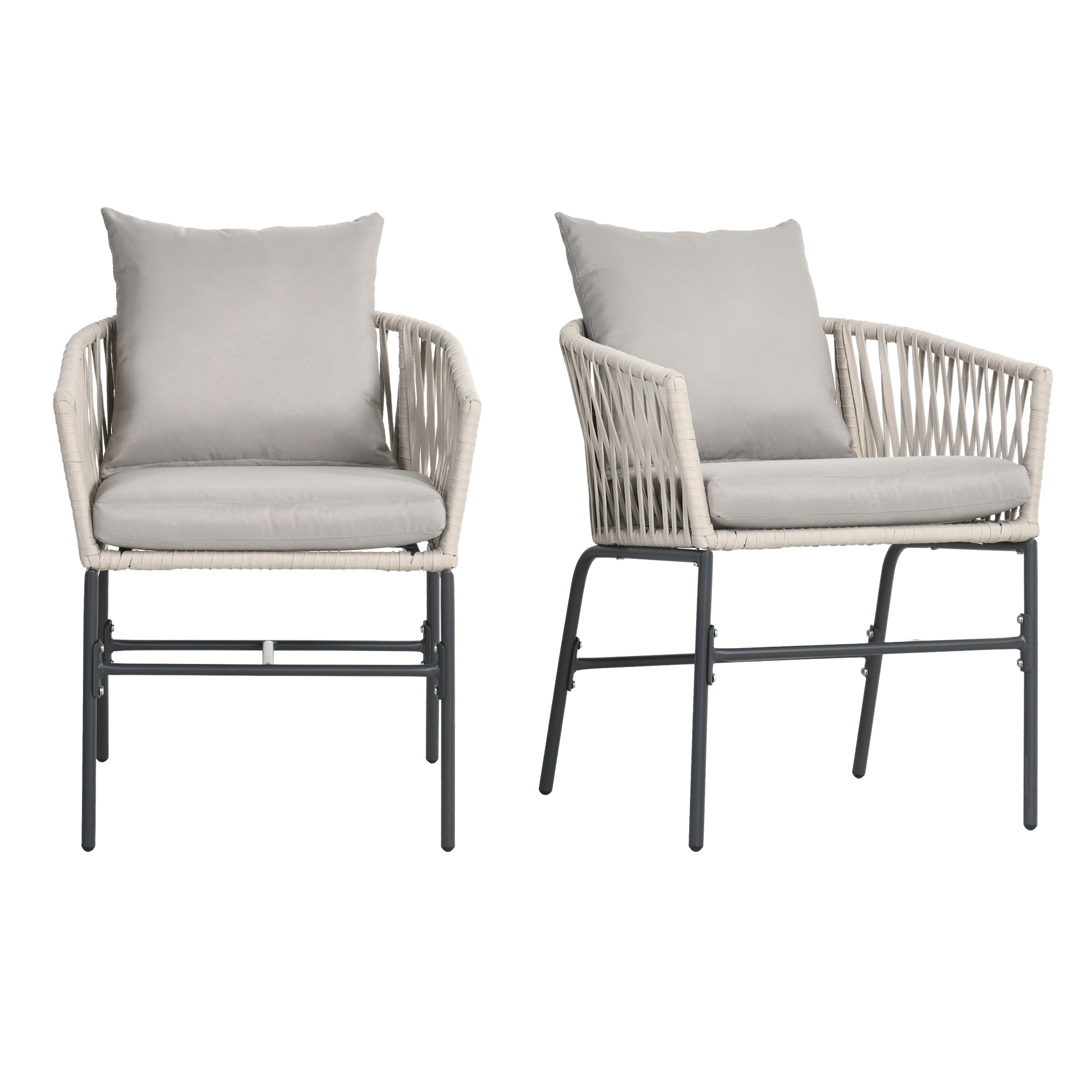 Outsunny Terrassenstuhl 2er-Set, Boho-Stil, bequeme Sitzschale, Sitzauflagen, waschbarer Bezug, Metallrahmen, Beige