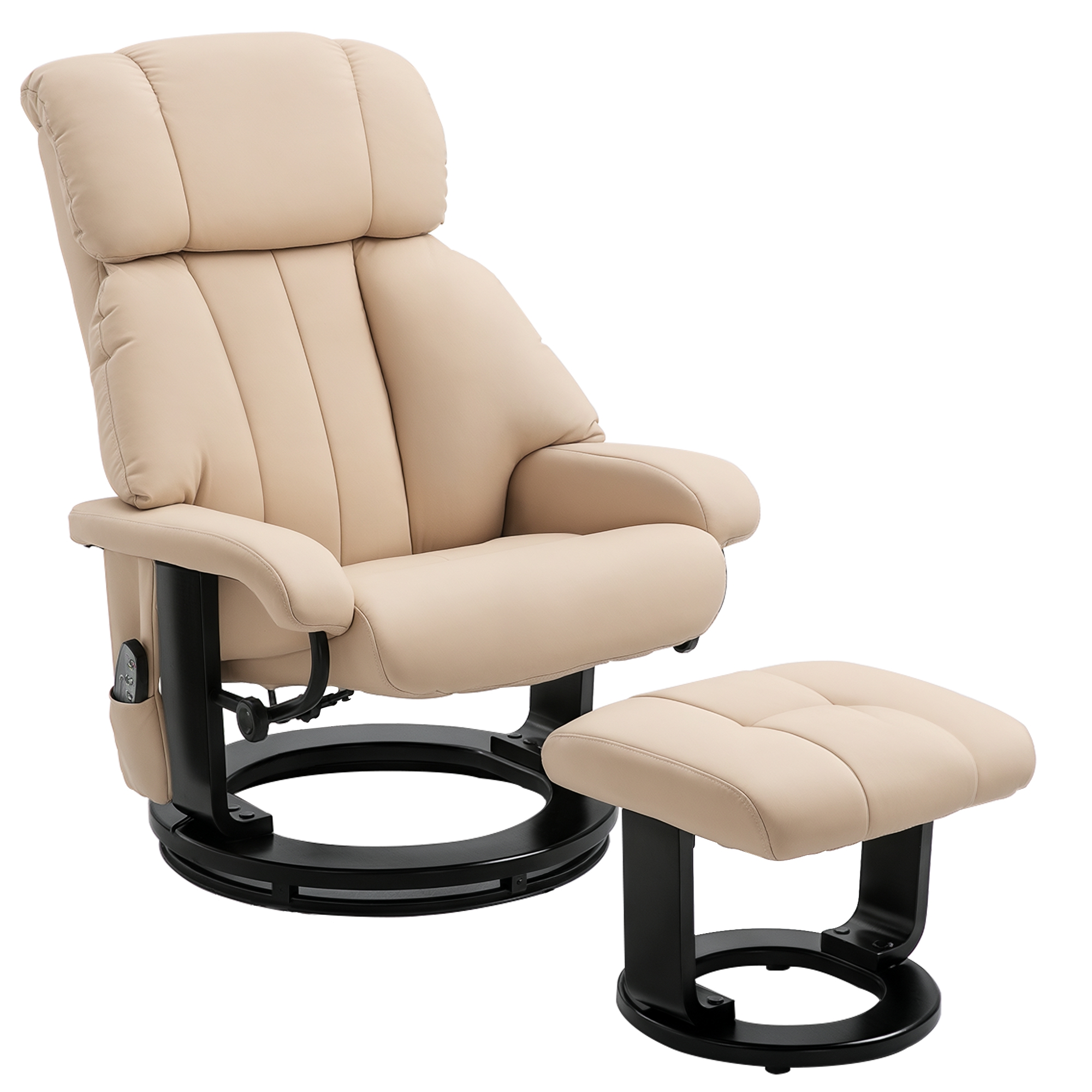 HOMCOM Relaxsessel mit Hocker, drehbarer Fernsehsessel mit Massagefunktion, Liegefunktion, Massagesessel mit Fernbedienung, Seitentasche, Ruhesessel aus Kunstleder für Wohnzimmer Cremeweiß