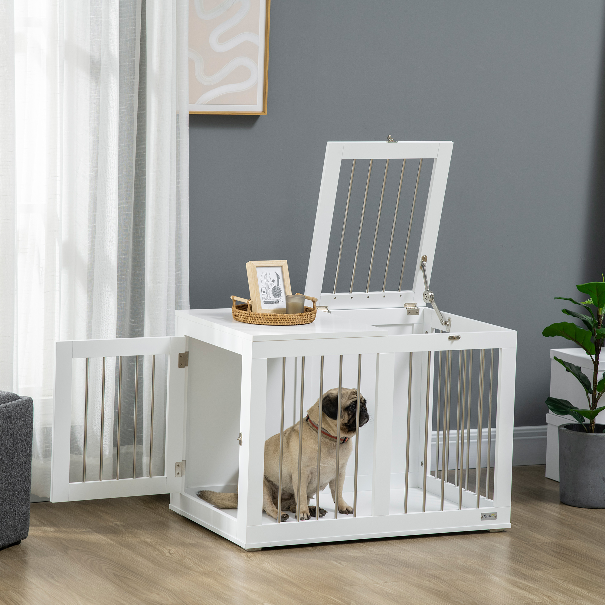 PawHut Hundekäfig mit 2 Türen, Hundebox, verriegelbar, Stahlgitter, 80 cm x 50 cm x 56,5 cm, Weiß + Silber