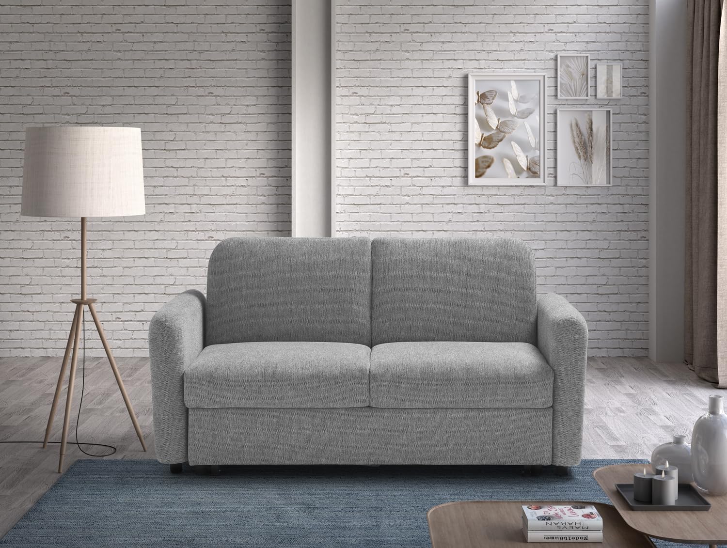 EVERGREENWEB Divano Letto 2 Posti Matrimoniale L165xP90xA80 cm Morbido Tessuto Grigio, Schienale Reclinabile a Doppio Cuscino, Sofà con Chaise Longue Estraibile, Struttura Rinforzata Pieghevole, NELLY