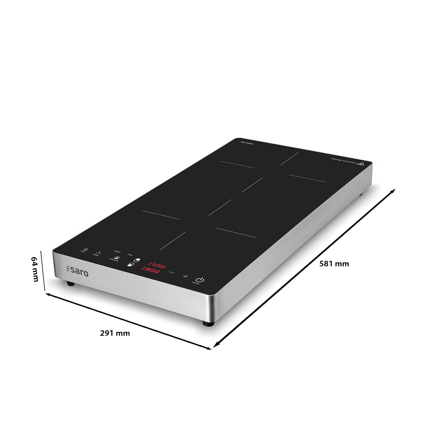 SARO DENISE - Piano cottura a induzione a 2 zone di cottura, in acciaio inox/vetro, con 8 livelli di calore, touch screen, display a LED, timer, per pentole da 26 cm di diametro, 3,5 kW