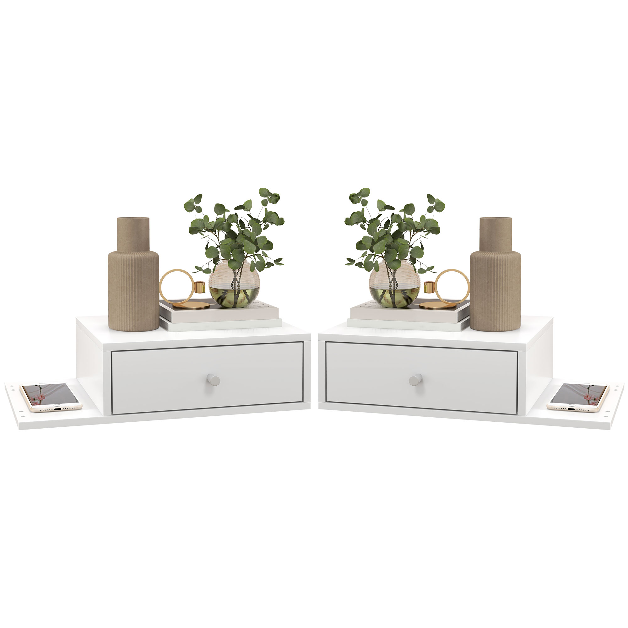 HOMCOM Set von 2 Wand-Nachttischen - Set von 2 Nachttischen - Seitenregal und Schublade - 55B x 30T x 15H cm weiß MDF