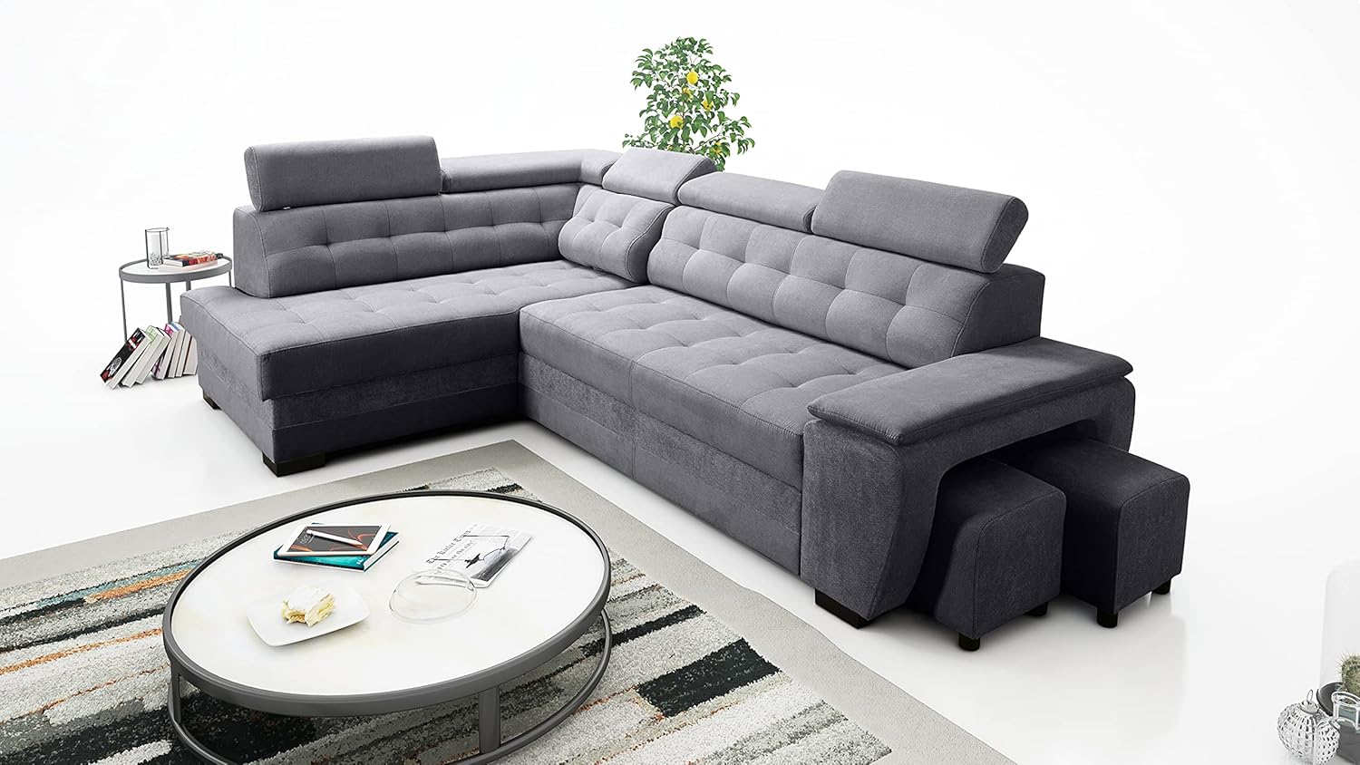 Robin Grand Divano angolare con funzione di letto cassetto per la biancheria due pouf poggiatesta regolabile angolo a sinistra grigio scuro 277 x 180 x 100