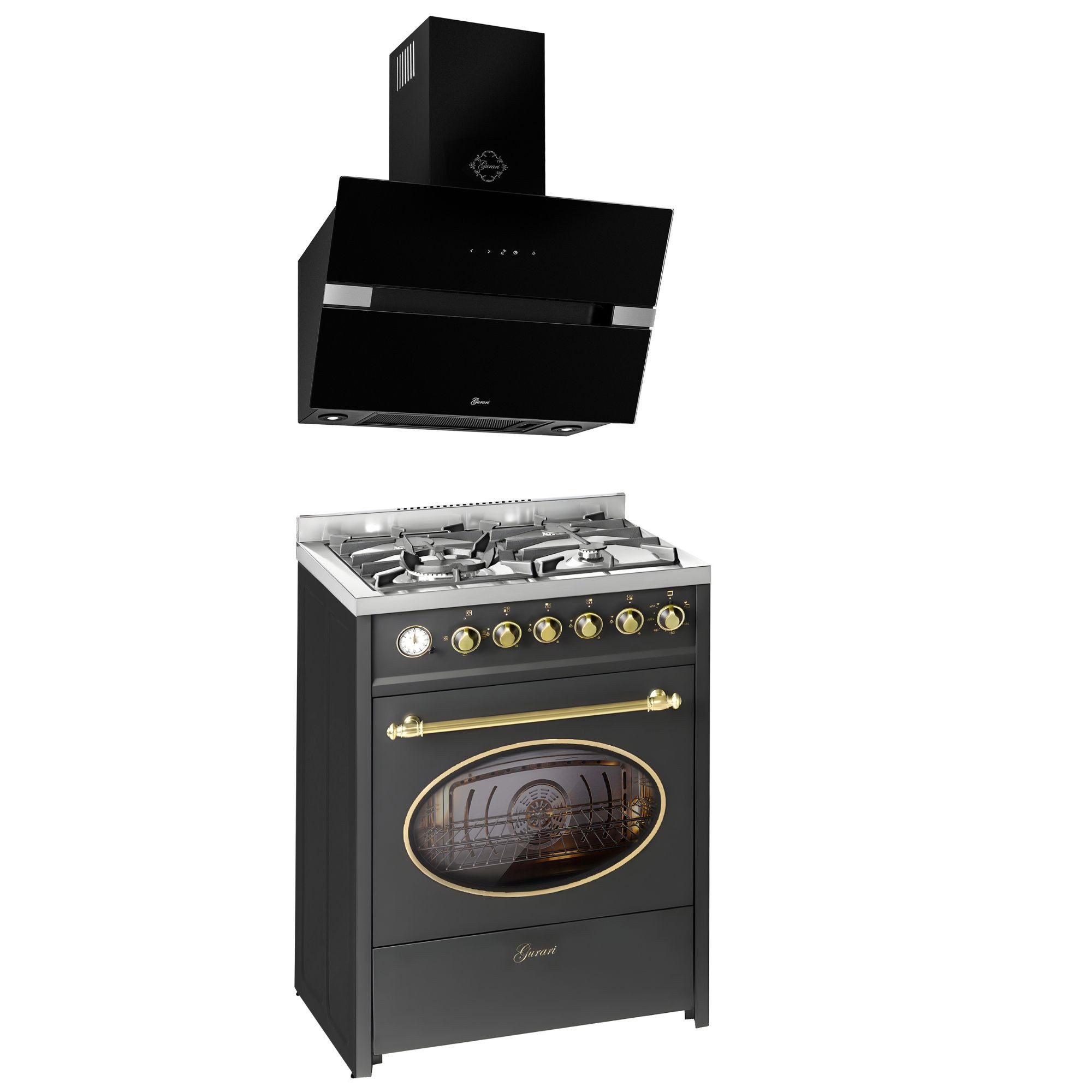 Gas-Standherd Retro Gas Elektro Standherd 60 cm Erdgas Fl.Gas 4 Kw WOK, 8 Funktionen+Dunstabzugshaube 60 cm, Schwarz Glas, 850 m³/h E 614 BL r+GCH 970 Bl 6 Diamond