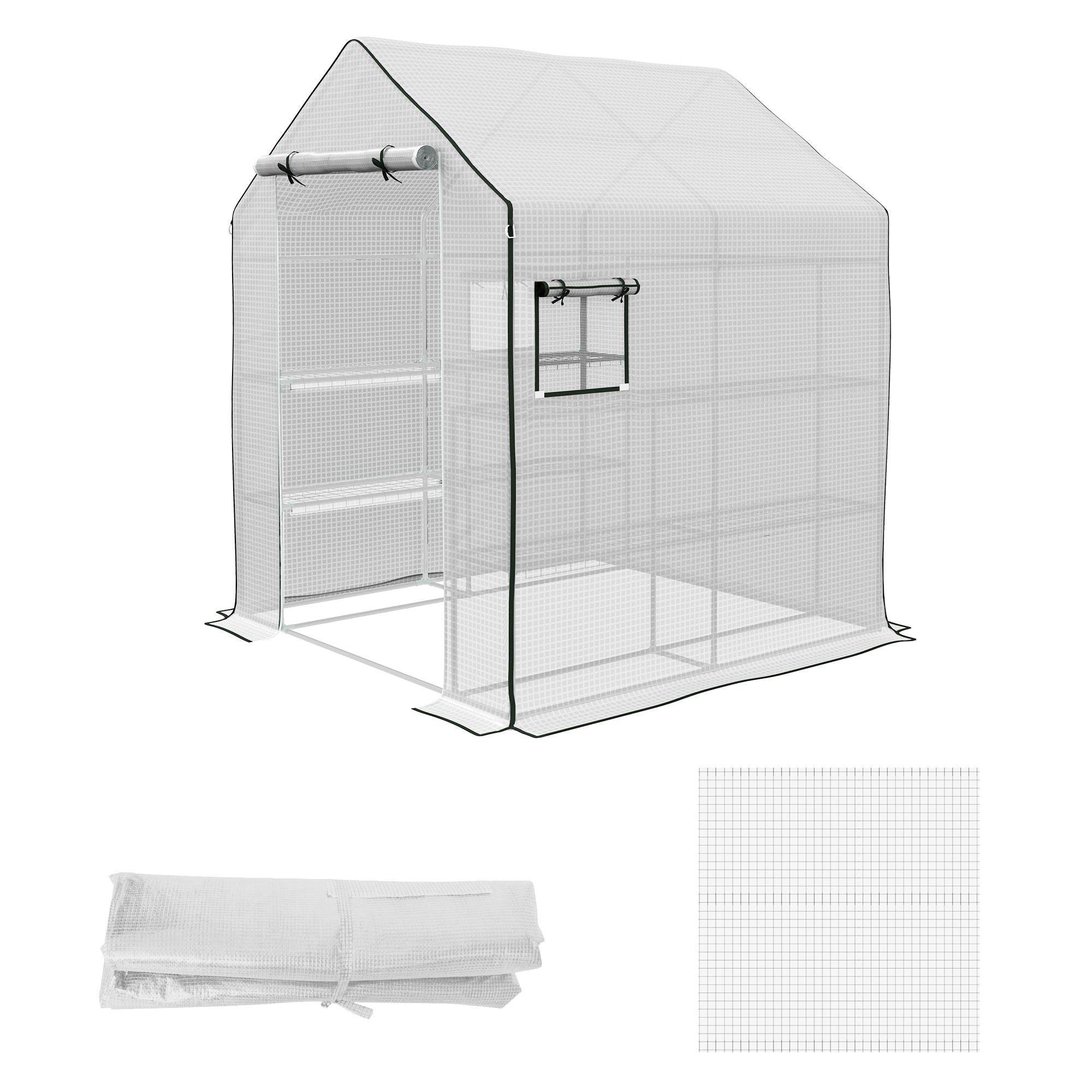 Outsunny Gewächshaus-Folie, Ersatzplane, wasserdicht, aufrollabare Fenster & Tür, 140 x 143 x 190 cm, Weiß