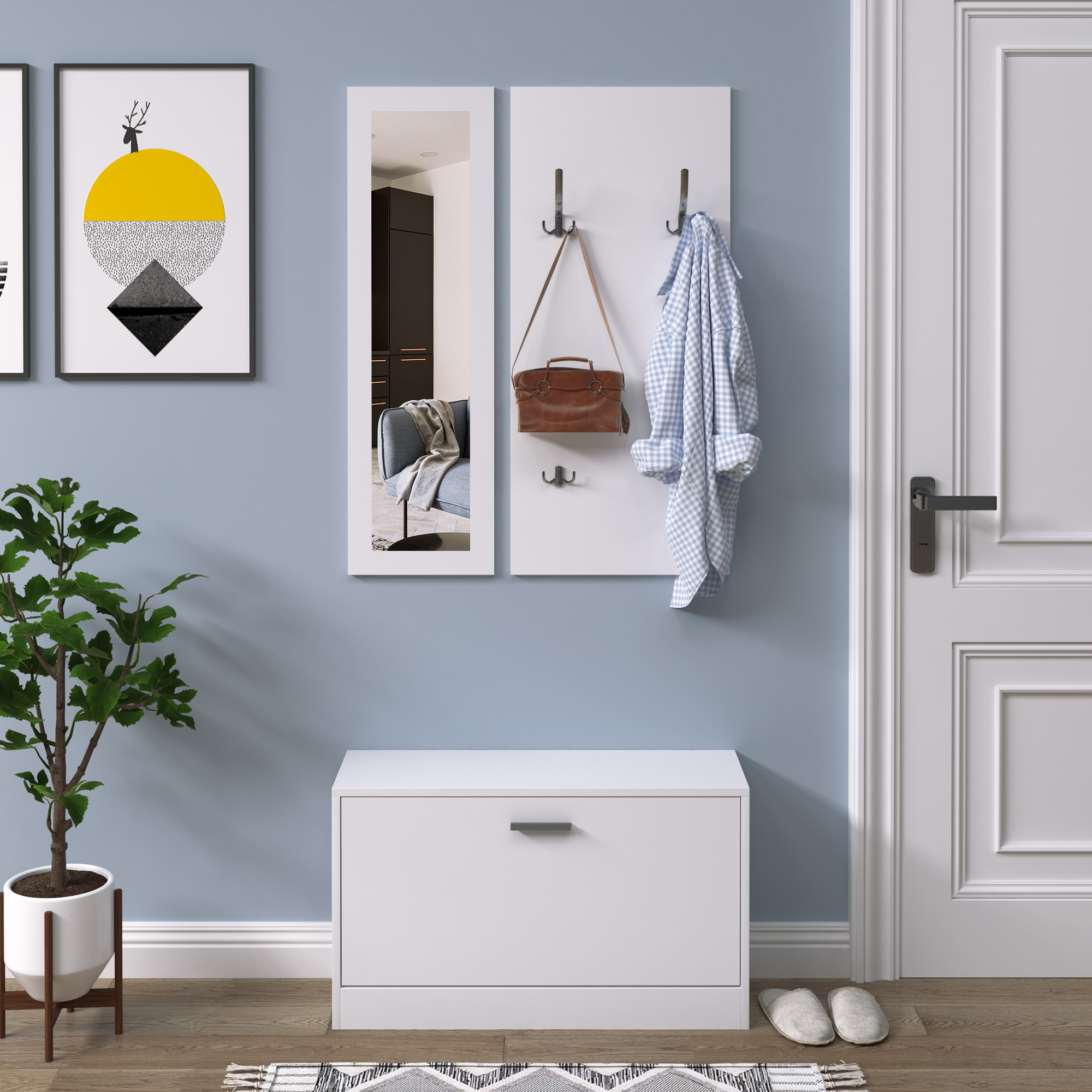 HOMCOM 3-teiliges Garderoben-Set Flurgaderobe mit Schuhschrank Garderobe Wandspiegel 4 Haken Weiß 30 x 100 cm (Spiegel)