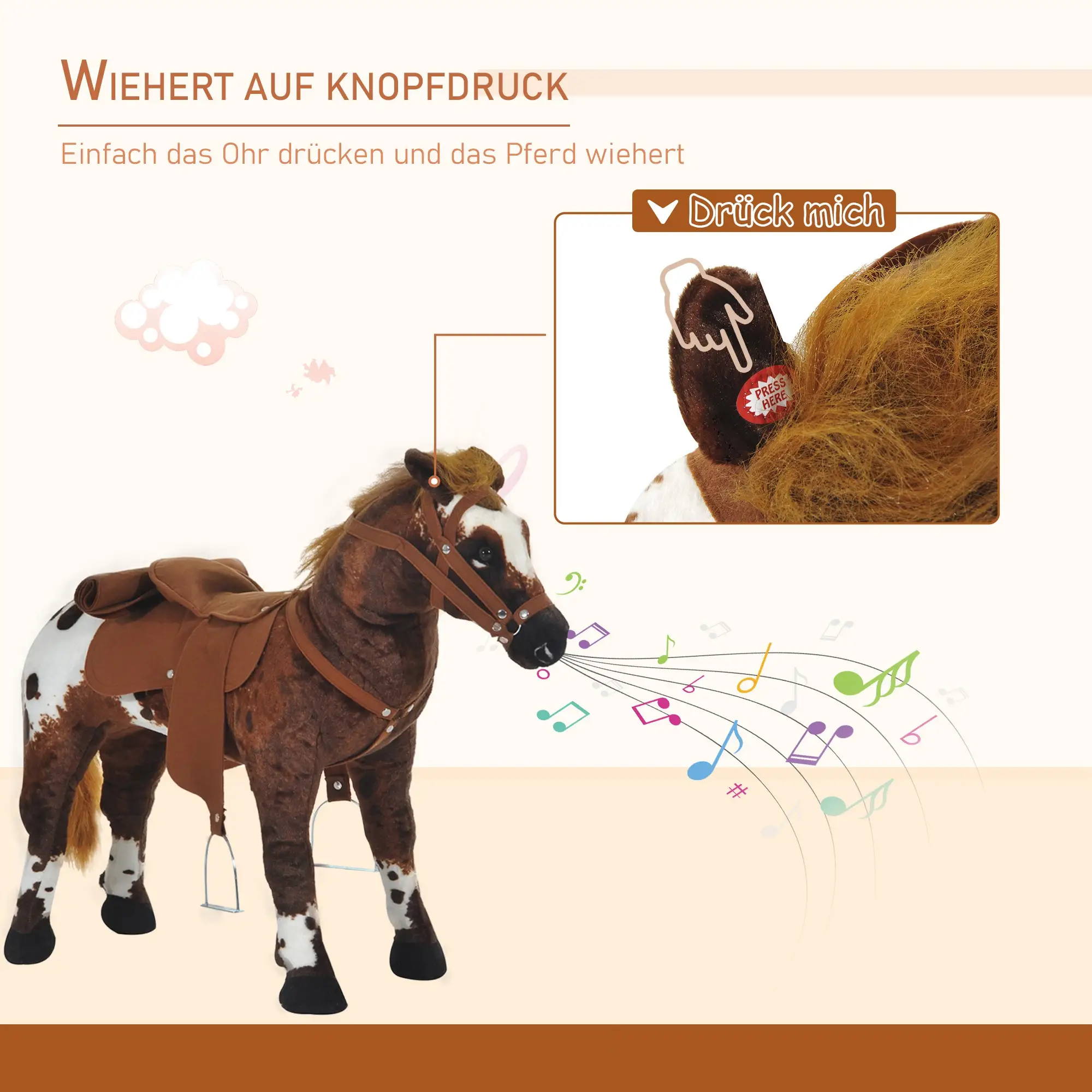 HOMCOM Schaukelpferd mit Soundfunktion für Kinder ab 3 Jahren Plüsch Braun+Weiß
