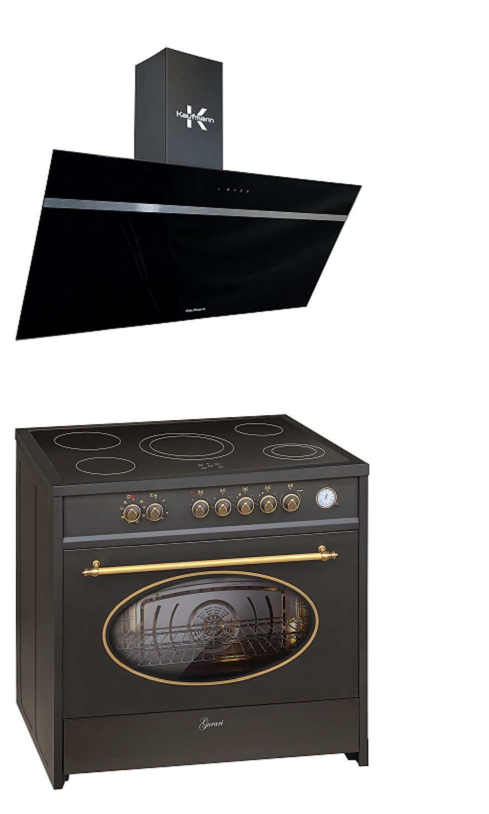Elektro-Standherd Retro Glaskeramik Herd 90 cm in Schwarz Range Cooker, XXL Backofen 121 L mit Kaufmann Dunstabzugshaube 1000 m³/h, 90 cm GCH E 912 BL r+VIKTORIA 90 BL