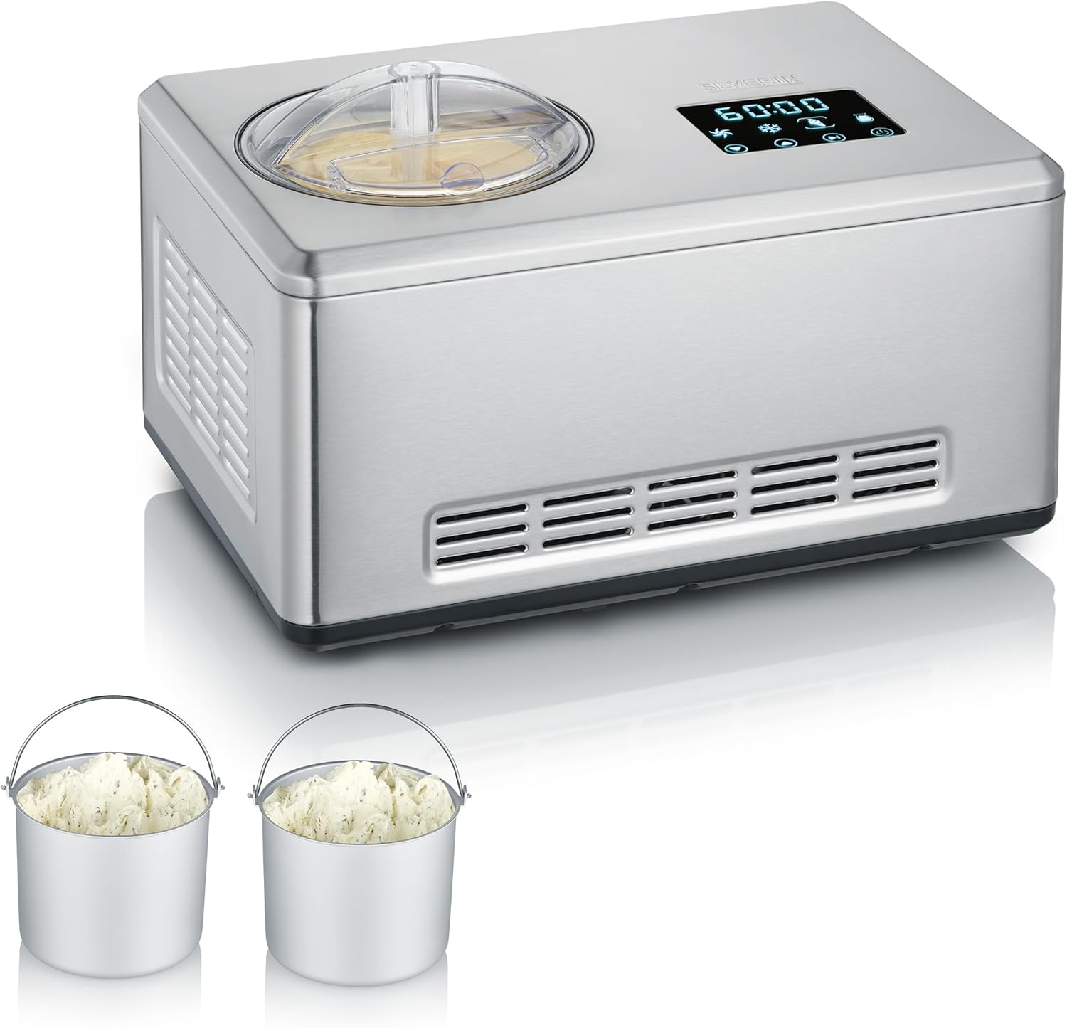 SEVERIN 2-in-1 Eismaschine mit Joghurtfunktion, Kompressor Ice Cream Maker für Eis, Sorbet und Frozen Joghurt, Speiseeismaschine inkl. zwei Eisbehälter, Edelstahl-gebürstet, EZ 7406