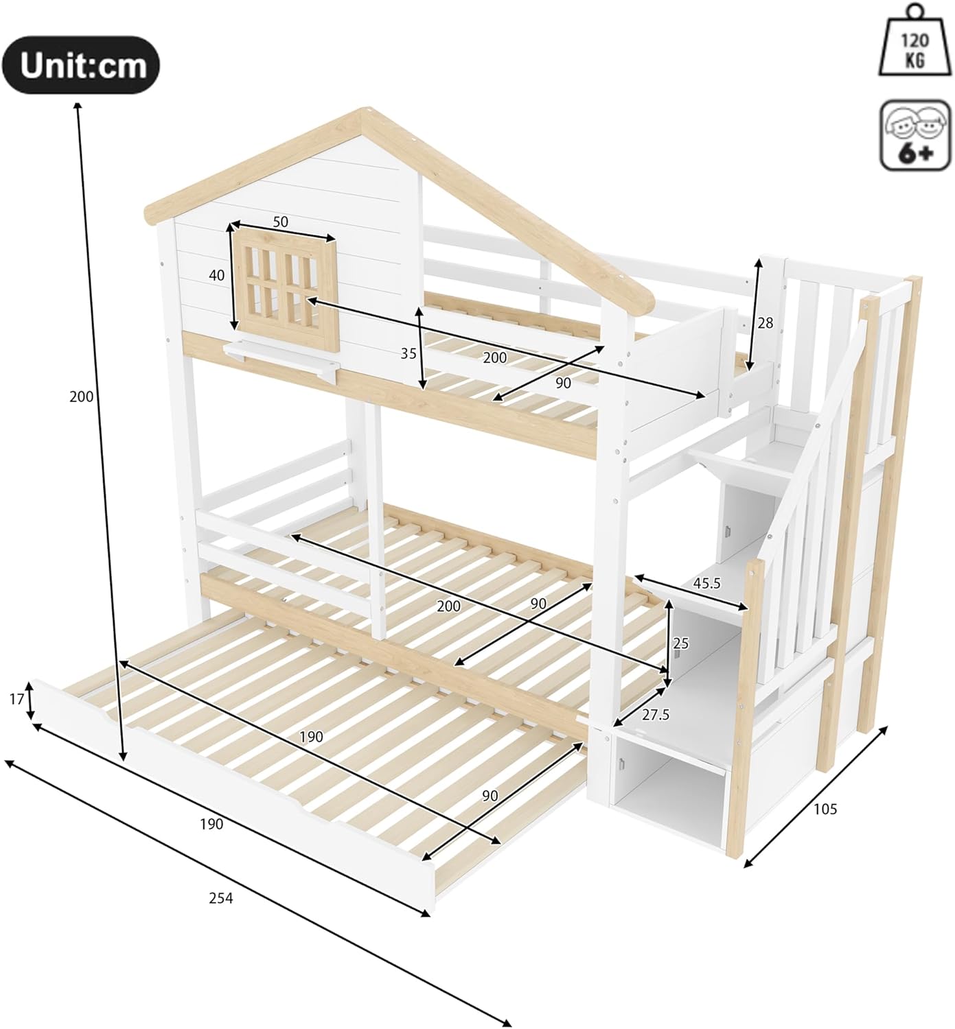 Merax Kinderbett 90x200 Etagenbett für 2 Kinder, Hochbett Hausbett mit Dach&Fenster&Bettgitter, Ausziehbares Bett, Treppe mit 4 Ablagefächern, Bett mit Lattenrost & Rausfallschutz, Ohne Matratze, Weiß