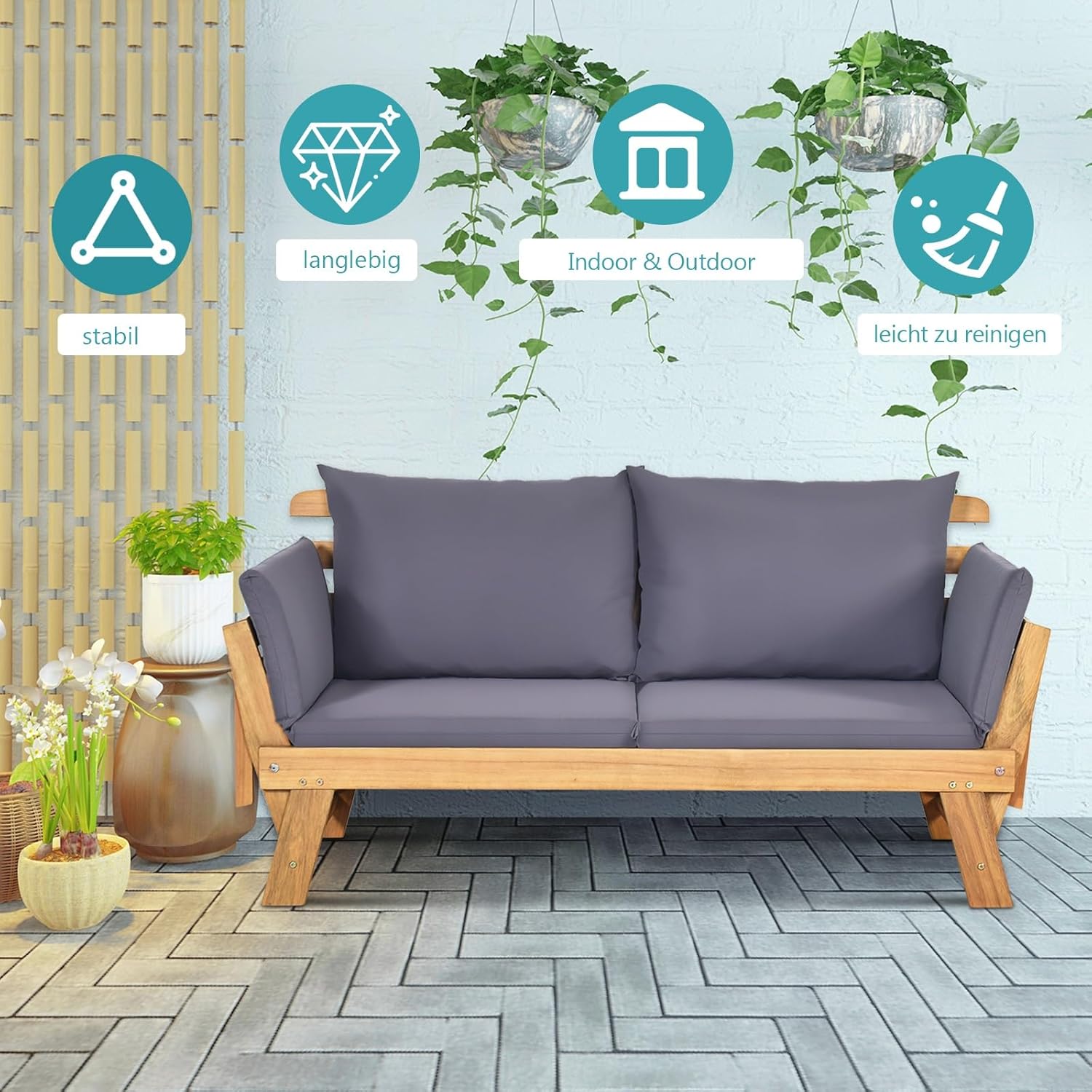 GIANTEX Gartenbank mit Liegefunktion, Gartensofa mit klappbaren Seitenlehnen, Balkonbank mit Auflagen, Sitzbank Outdoor aus Akazienholz, Loungesofa 3-Sitzer, Liegesofa für Balkon Garten Terrasse | 3-in-1-Design