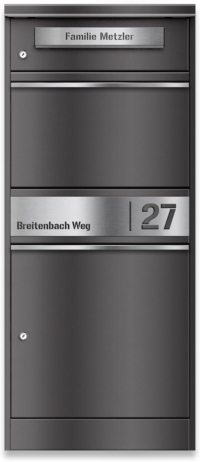 Metzler Briefkasten und Paketbox rostfrei und massiv, paketbox draussen groß XXL, Standbriefkasten modern, Paketkasten, Postbox in DB 703 Eisenglimmer mit Namensgravur, Modell Bispo 2