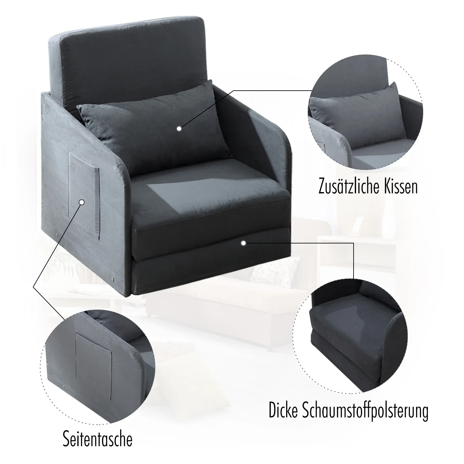 HOMCOM Schlafsessel mit Schlaffunktion und 2 Seitentaschen Wildlederimitat