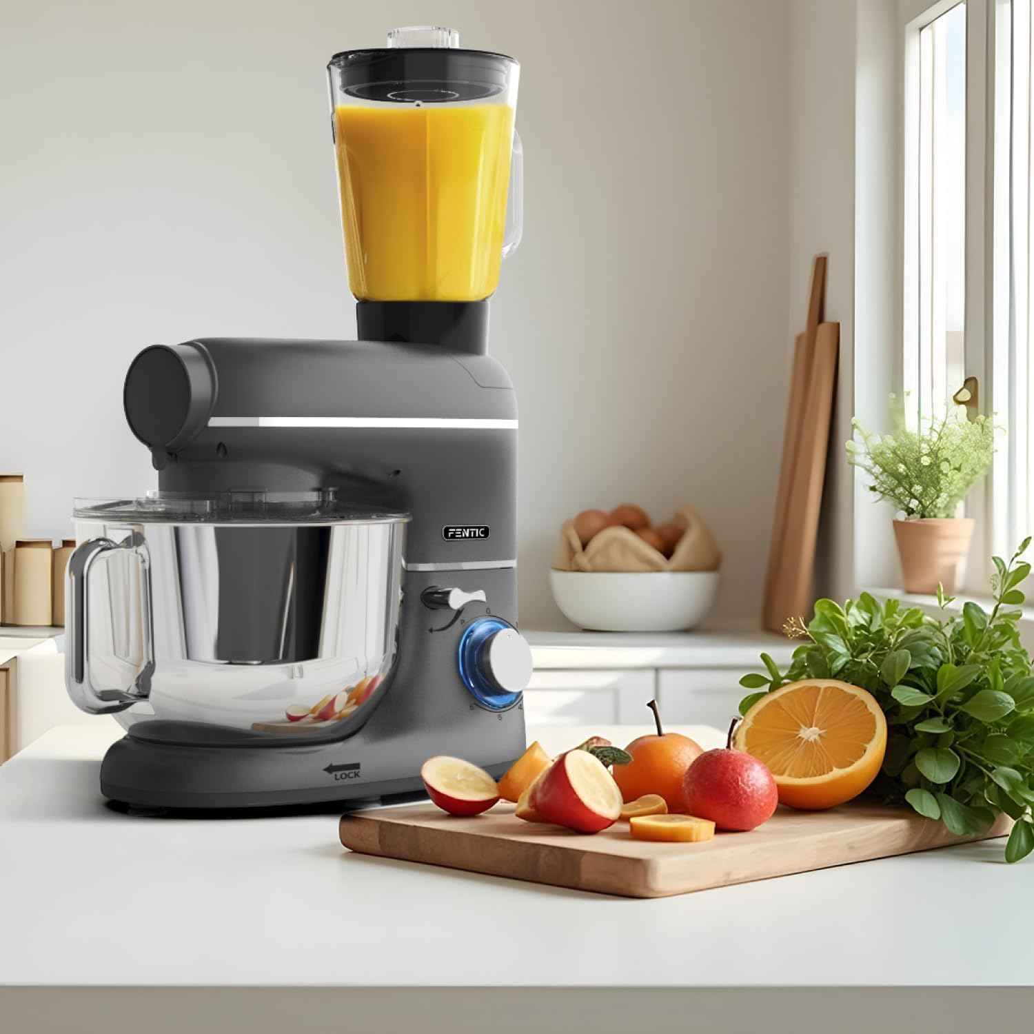 Fentic 6-in-1 Küchenmaschine – 2000W – Mit Fleischwolf, 1,5L Entsafter, Gemüseschneider und Mehr – Knetmaschine mit 6,2L Rührschüssel, Rührhaken, Knethaken, Schlagbesen und Spritzschutz (Schwarz)