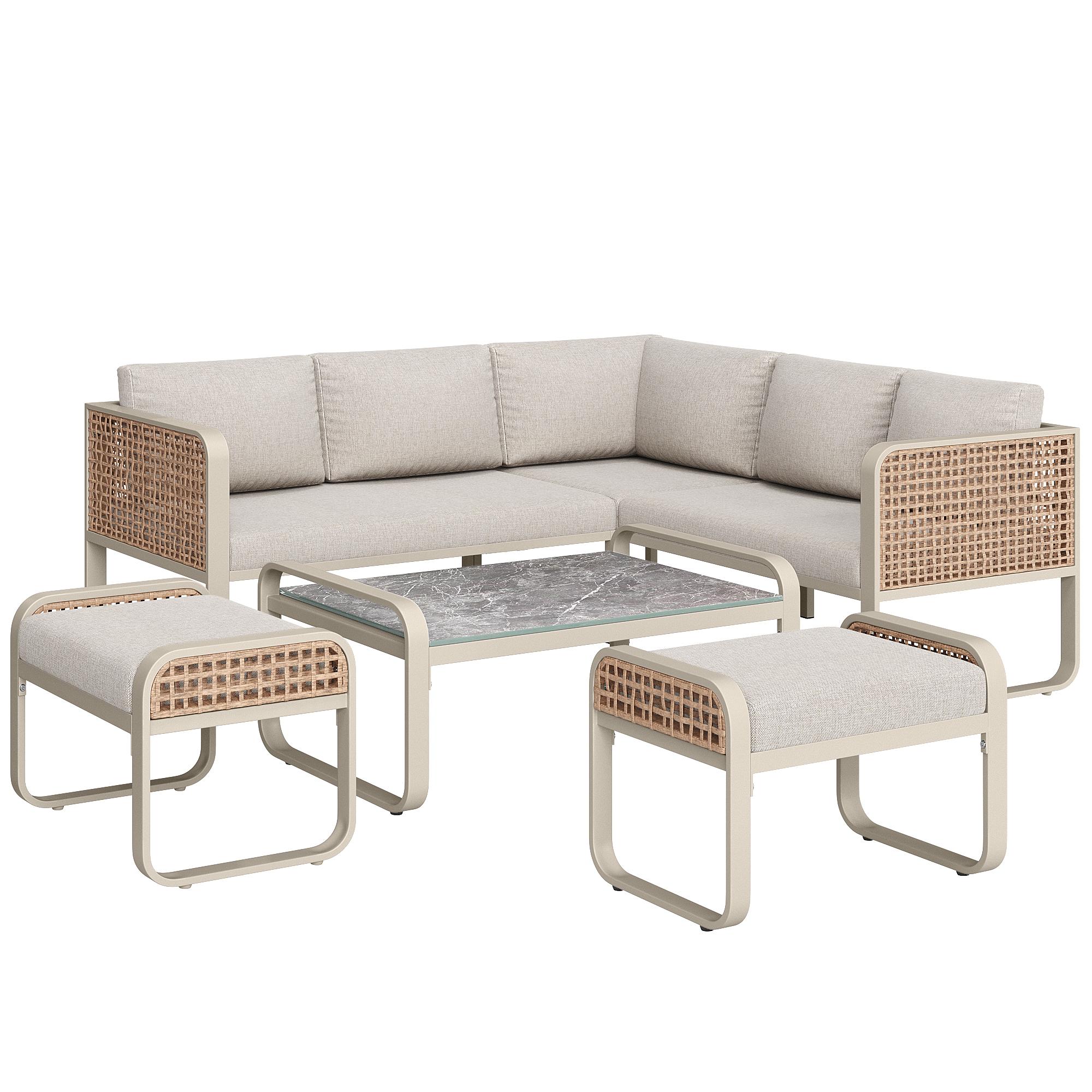 Loungemöbel Rattan-Garten-Sofa mit Kissen Verstellbare Tischbeine Garten Modernes Garten-Lounge-Set für 6-7 Personen Beige