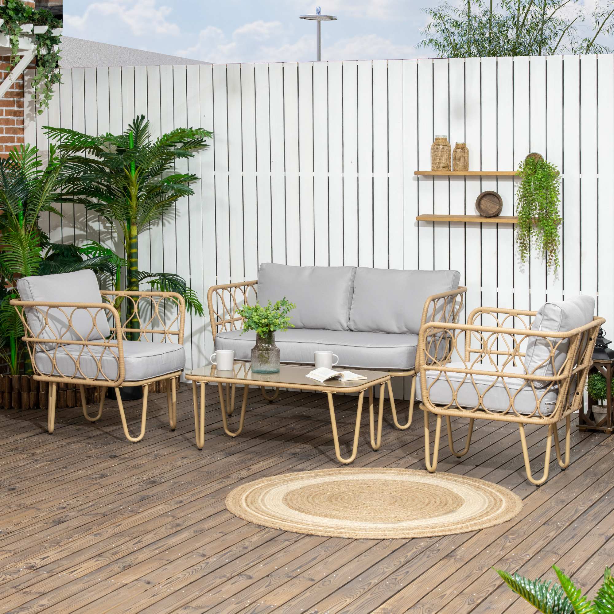 Outsunny Gartenmöbel-Set 2-Sitzer-Sofa + 2 Sessel + 1 Couchtisch mit gehärteter Glasplatte 7 Kissen Beige