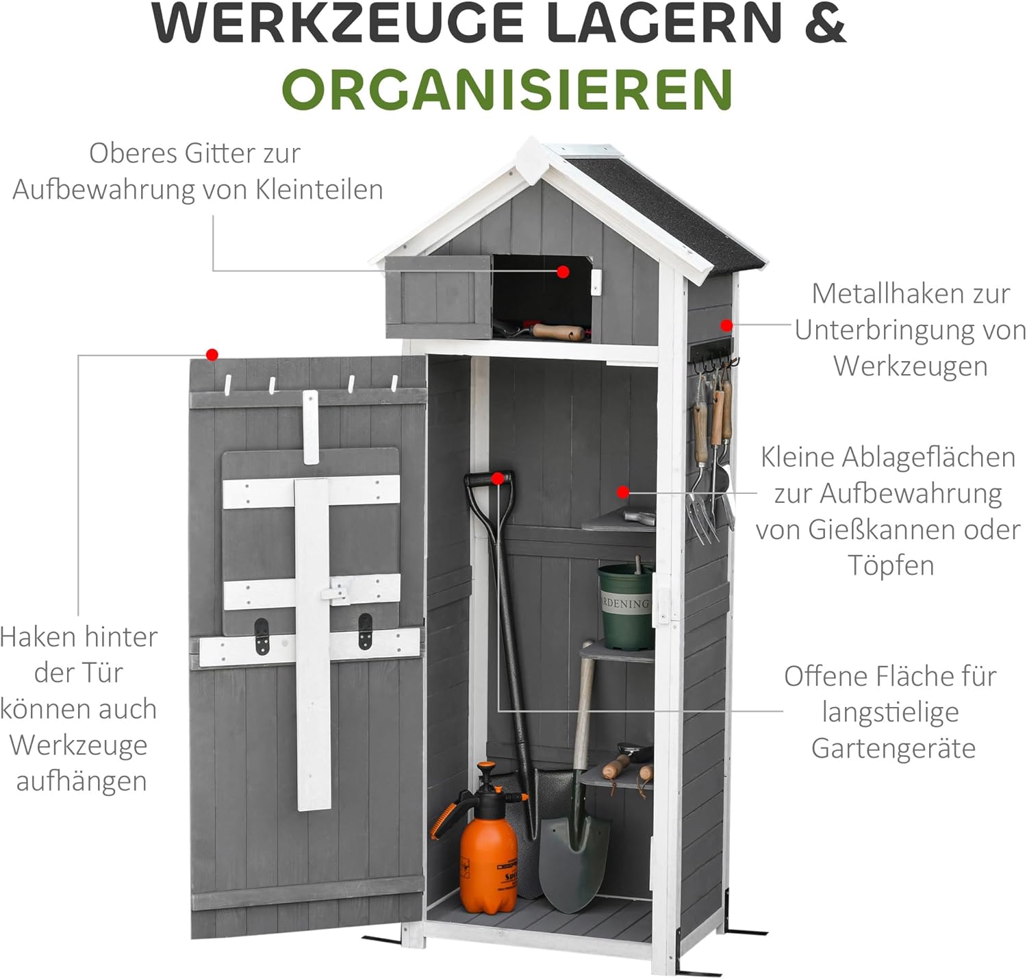 Outsunny Gartenschrank Holz, wetterfest 78x52,5x182cm Gerätehaus, Geräteschuppen mit Satteldach, Tür, Gartenschuppen mit faltbar Tisch, Haken, Geräteschrank Werkzeugschrank für Terrasse, Garten, Grau