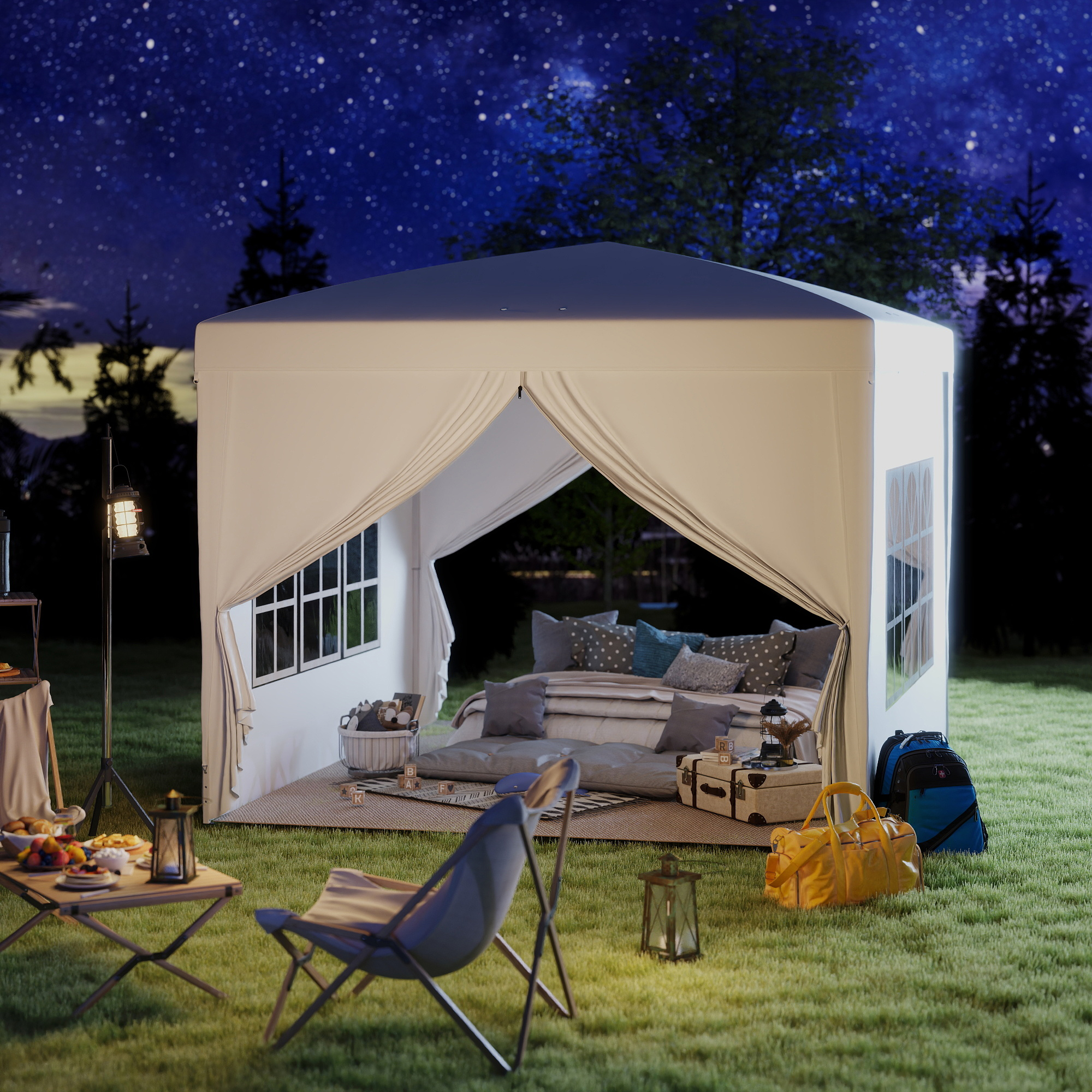 Outsunny 3 x 3 m Pavillon mit 4 Seitenwänden, Fenster, Festzelt mit UV-Schutz, Gartenzelt inkl. Tragetasche, Stahl, Weiß