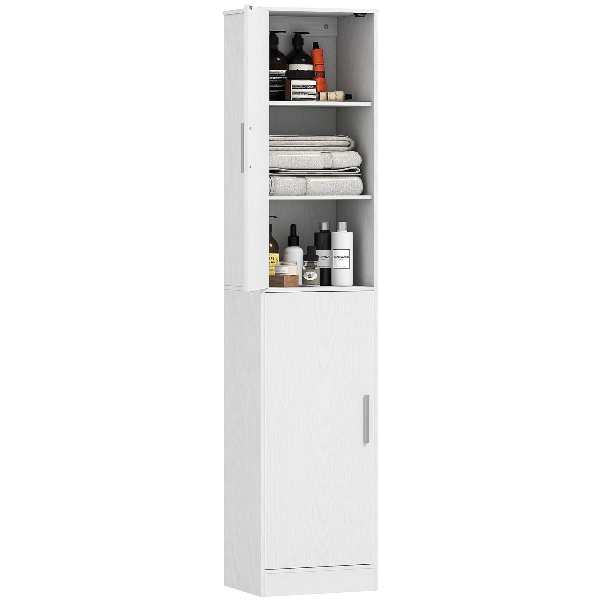HOMCOM 180 cm hoher Badezimmerschrank, schmaler Badschrank mit 2 Türen, 4 verstellbare Regale, Spanplatte, MDF, Weiß