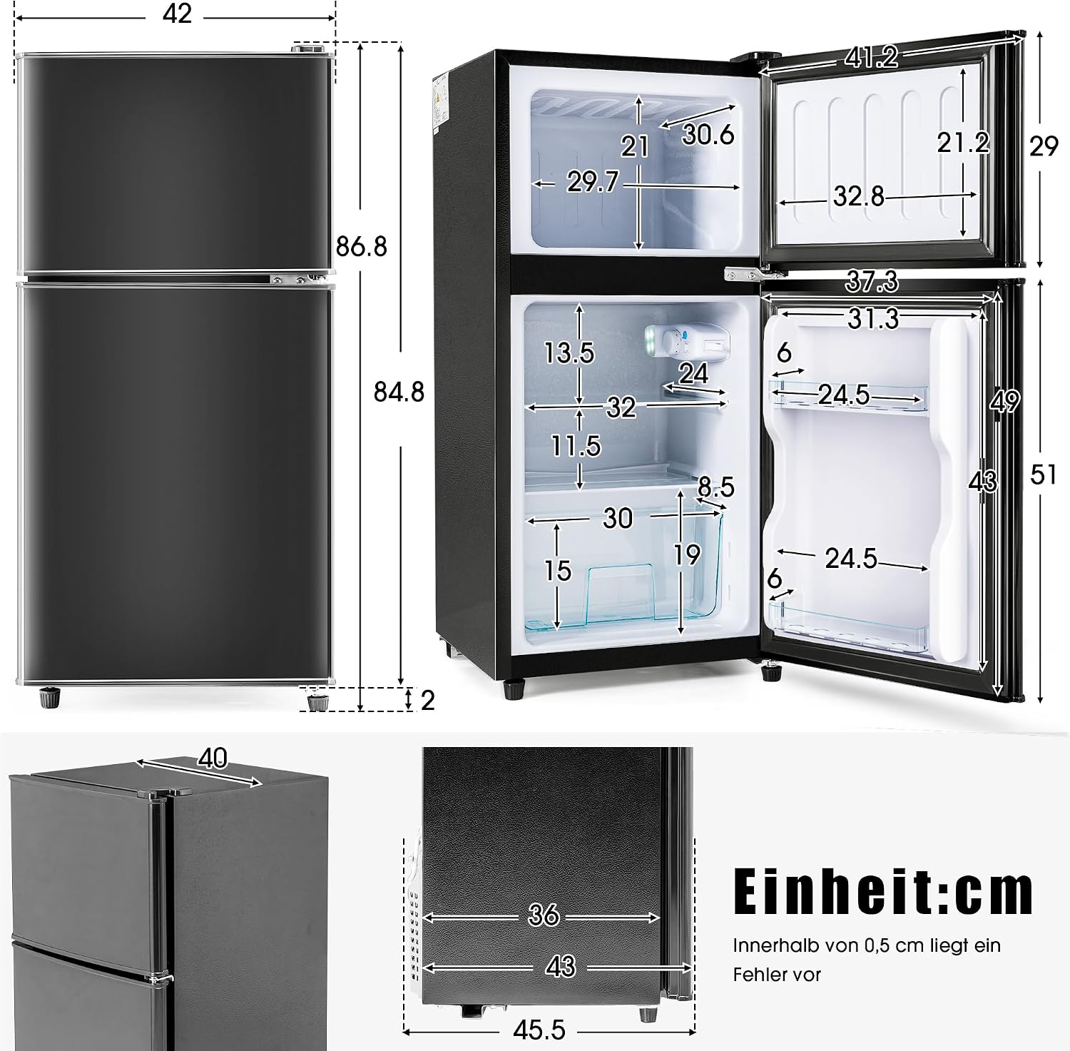 Merax Frigorifero retrò, piccolo con congelatore, a due porte, con 60 litri di volume totale, 22 litri, 102 kWh/anno, -27°C ~ 13°C, luce LED, nero