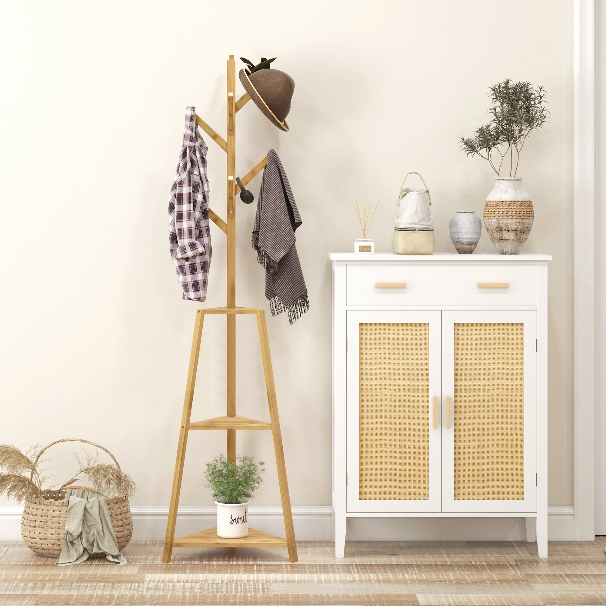 HOMCOM Kleiderständer aus Bambus, Kleiderständer, 8 Haken, 3 Regale, 46 x 46 x 175 cm, Natur