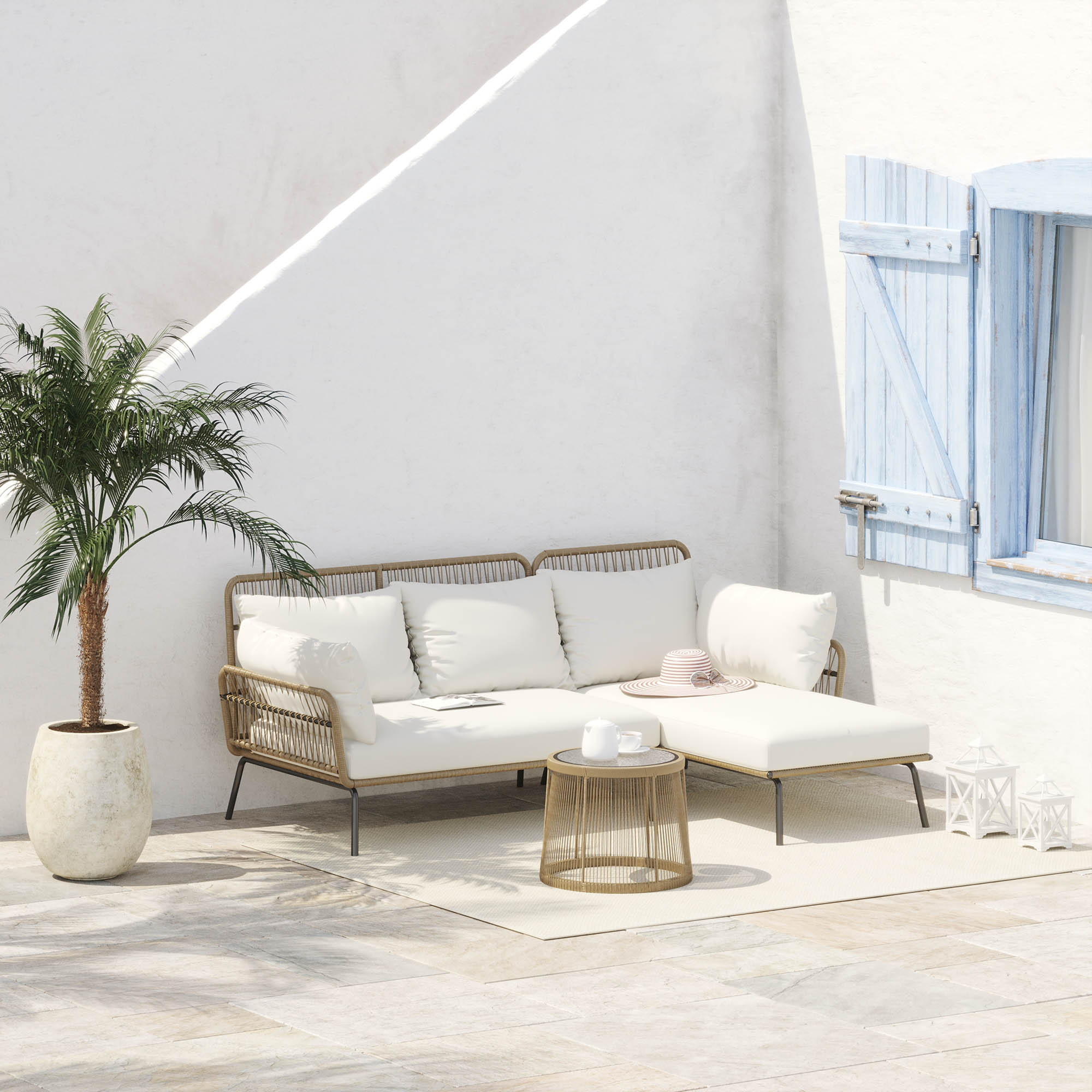 Outsunny Buitenbank L-vormige Rattan Bank Zwembad Tuin Koffie En Crme