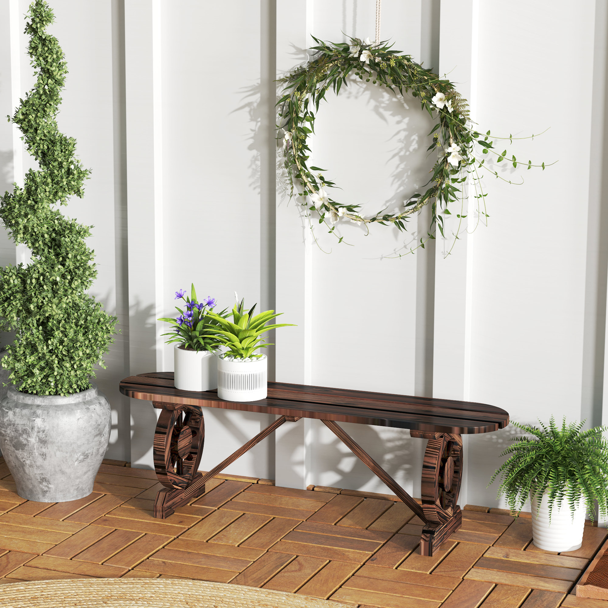 Outsunny Gartenbank mit Karrenrad-Beinen und Lattenstruktur, 120x29x39cm, Braun