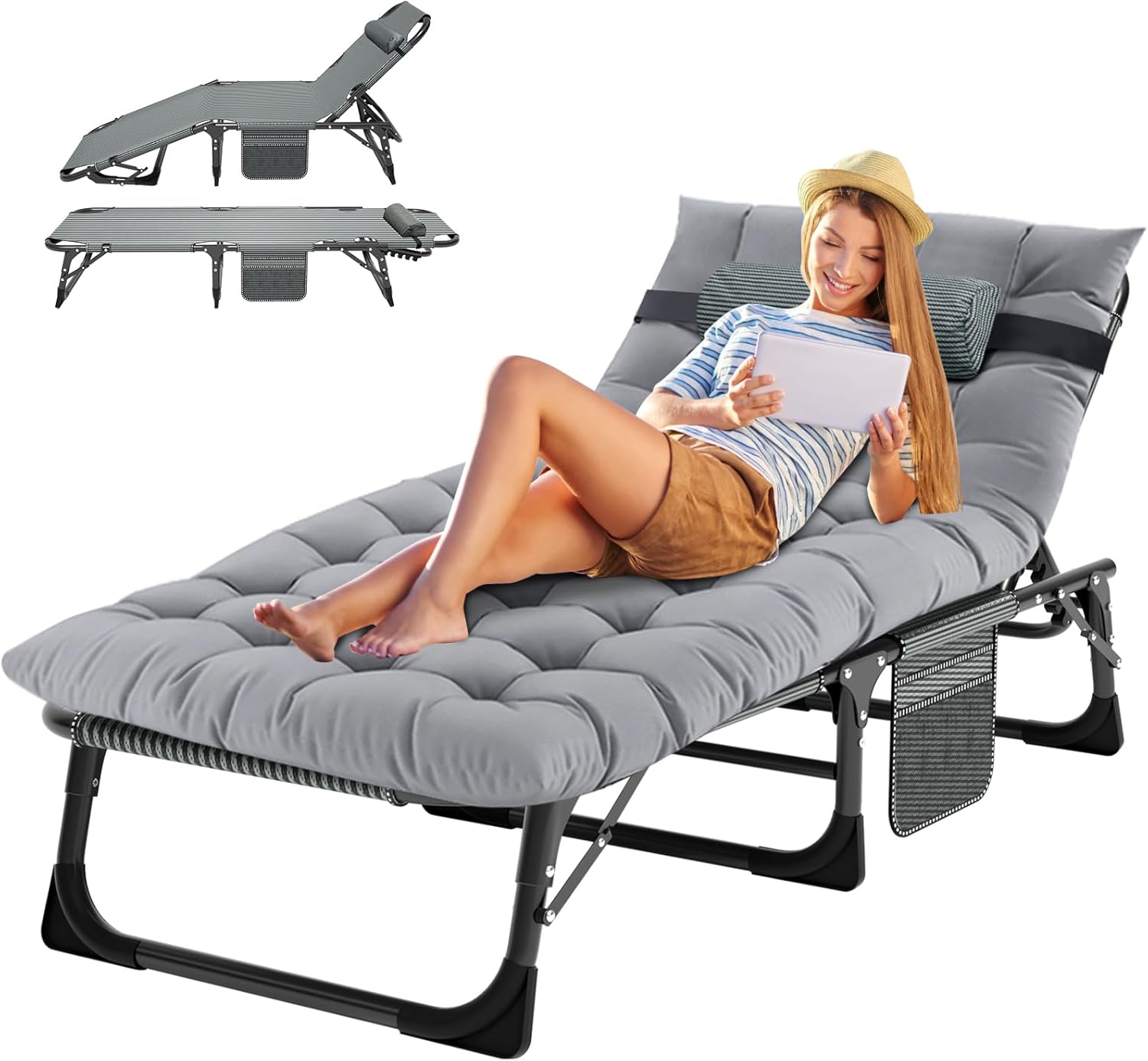 MOPHOTO Lettino prendisole pieghevole per giardino con materasso, schienale e gambe regolabili, portatile, per interni ed esterni, sedia a sdraio pieghevole per abbronzatura al sole, perfetta per