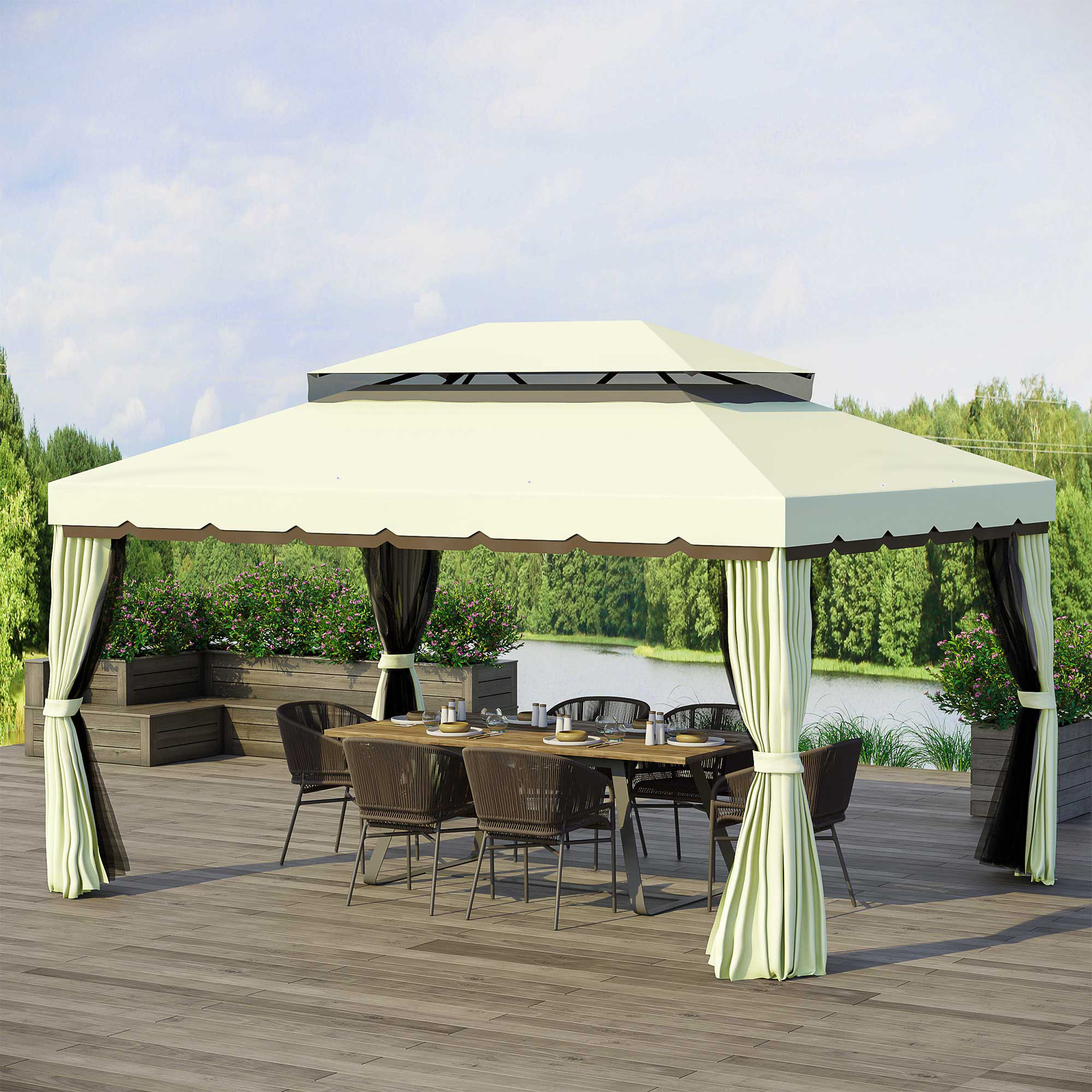Outsunny Gartenpavillon Pavillon Gartenzelt Festzelt Partyzelt mit 4 x Seitenwand wetterfest Aluminium Polyester Cremeweiß 3,9 x 2,9 x 2,7 m