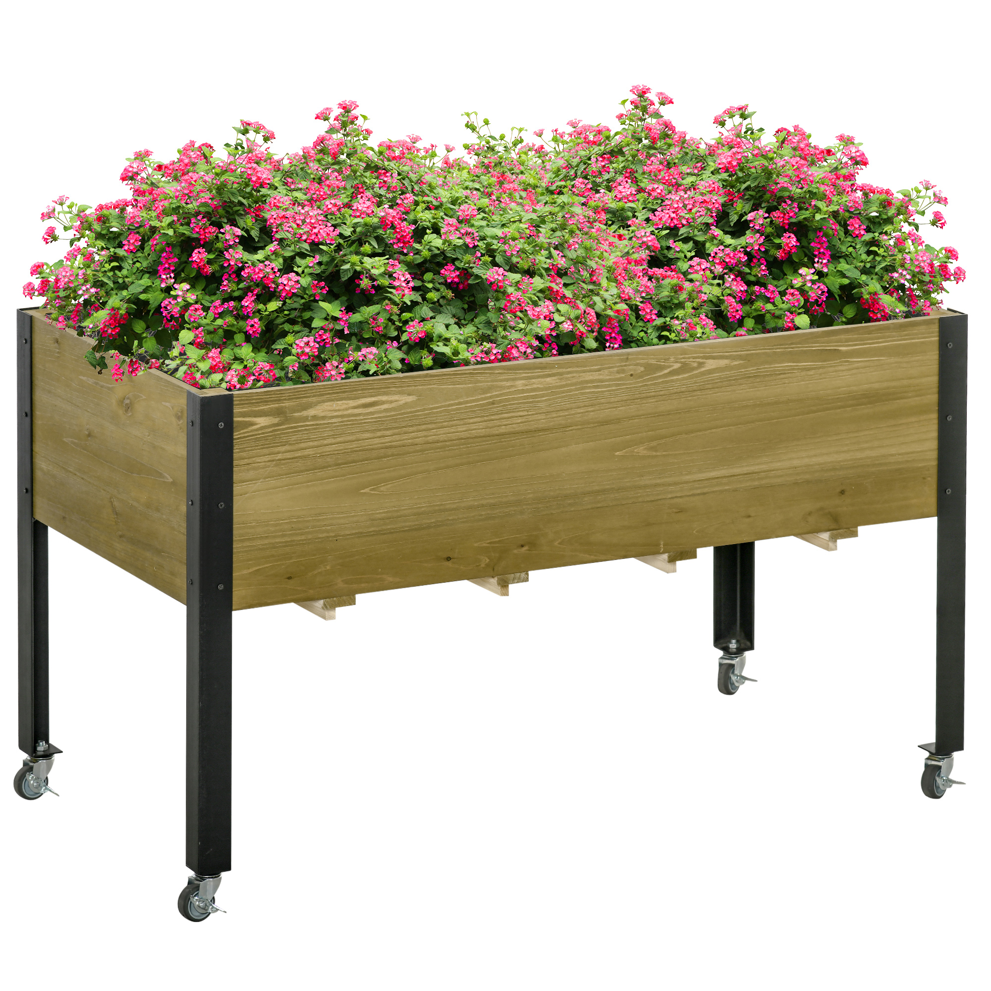 Outsunny Hochbeet mit Rädern Pflanztisch Blumenkasten mit Abfluss Massivholz Vliesstoff Hellbraun 120 x 60 x 72 cm