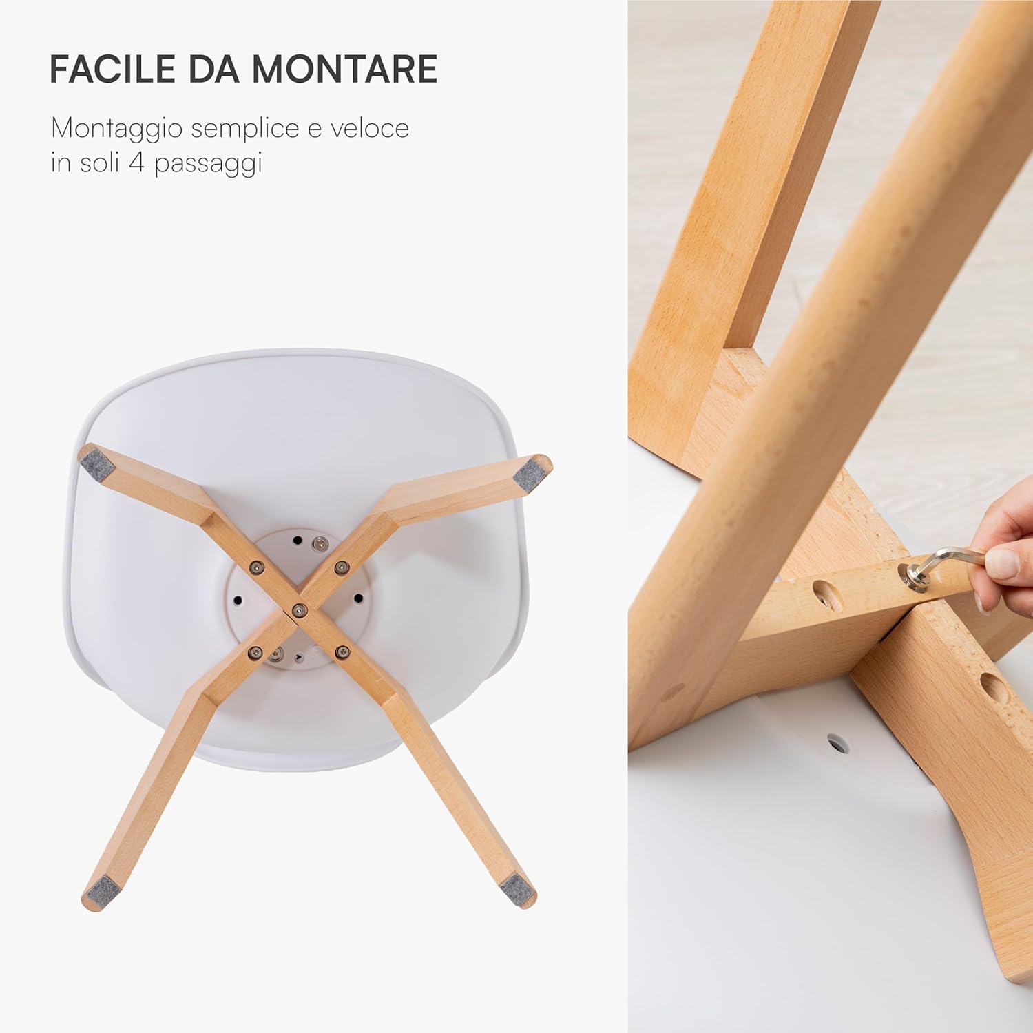 Baroni Home Set di 4 Sedie da Pranzo o Ufficio con Gambe in Legno, Sedia Ergonomica con Cuscino Integrato 57X48X79 cm Bianco