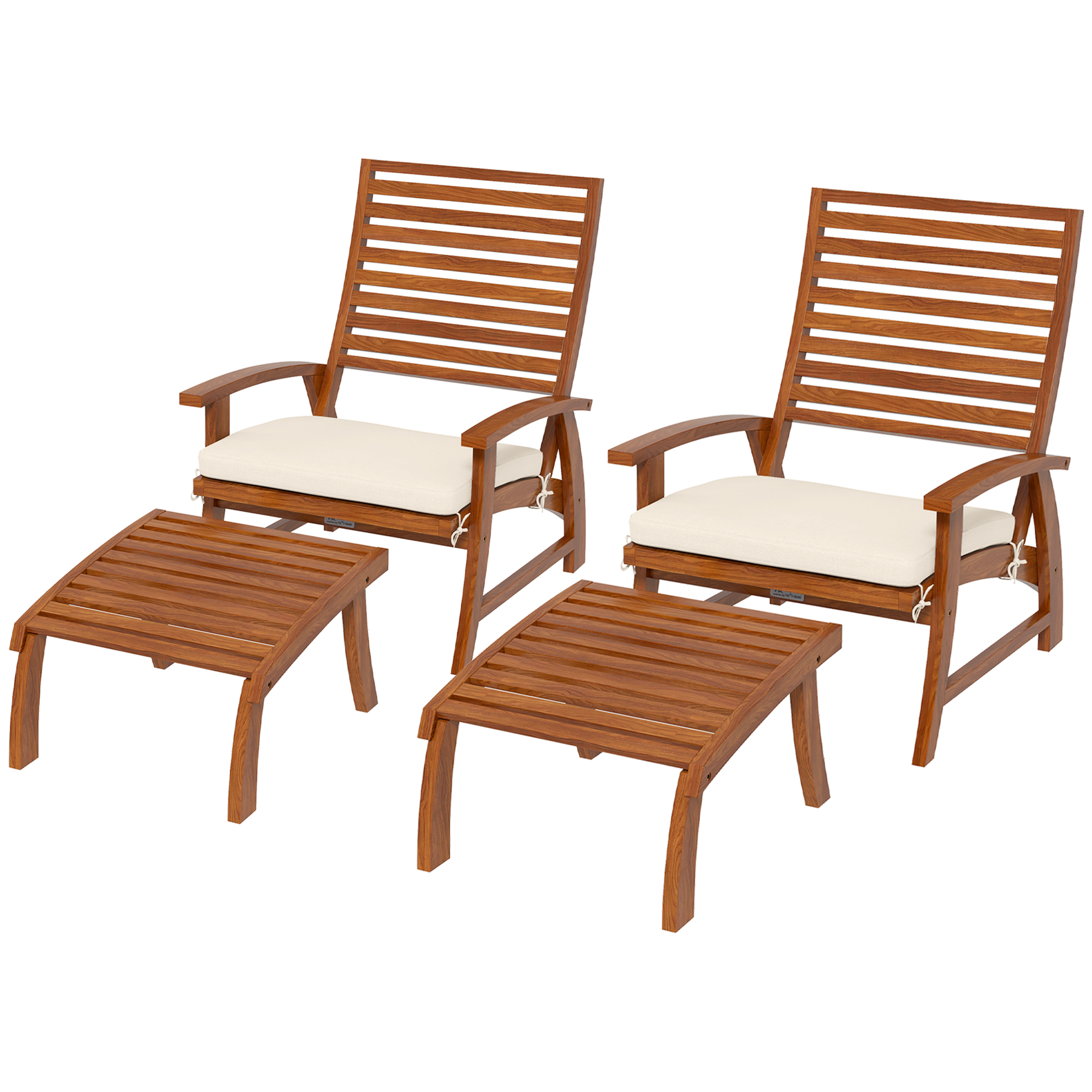 Outsunny Gartenstühle - Relaxstühle mit Fußhockern 2er Set - 4-teiliges Set aus Akazienholz mit cremefarbenen Kissen
