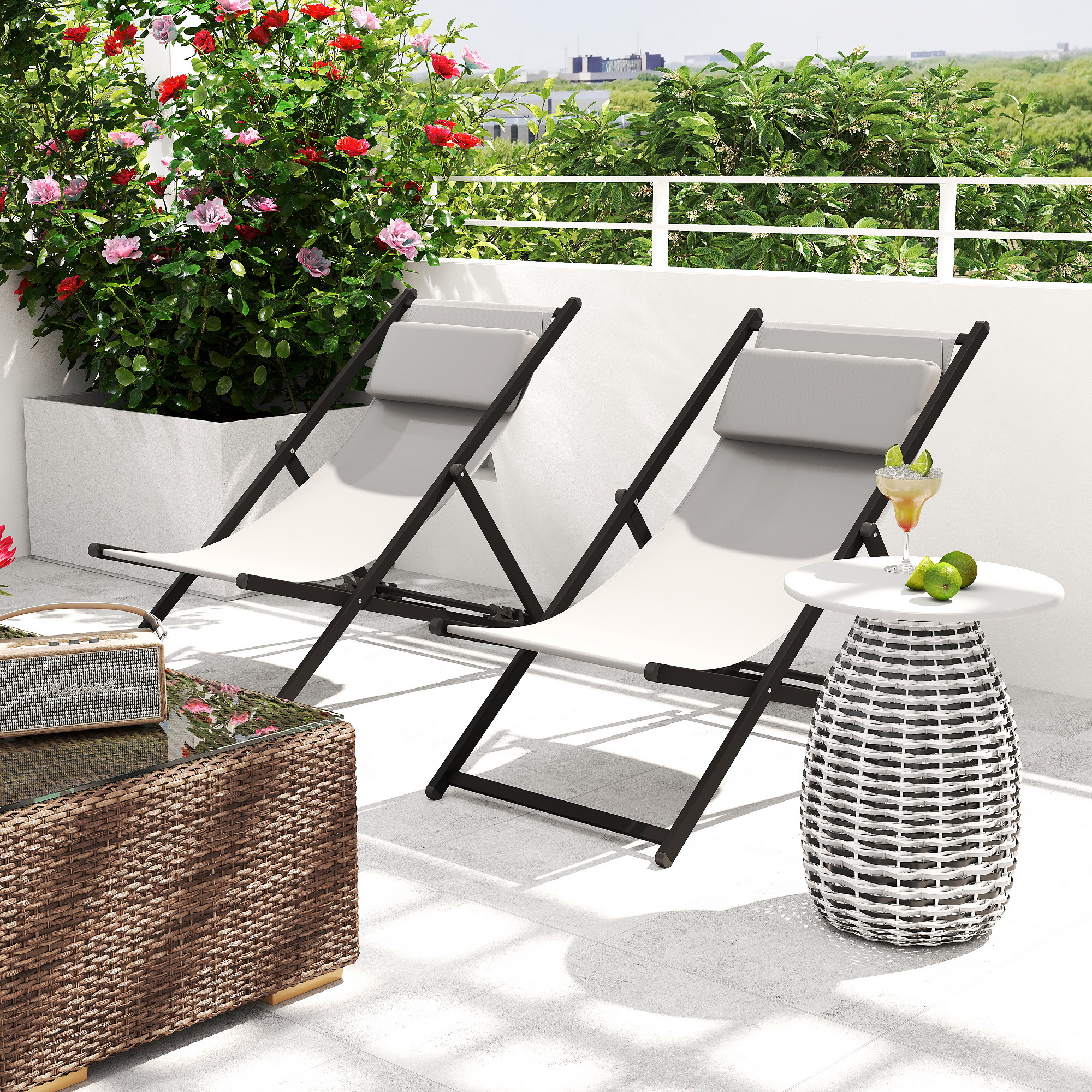 Outsunny Set mit 2 Sonnenliegen, klappbarer Liegestuhl mit Textilene-Kopfstütze verstellbar 60 x 100 x 85 cm Dunkelgrau
