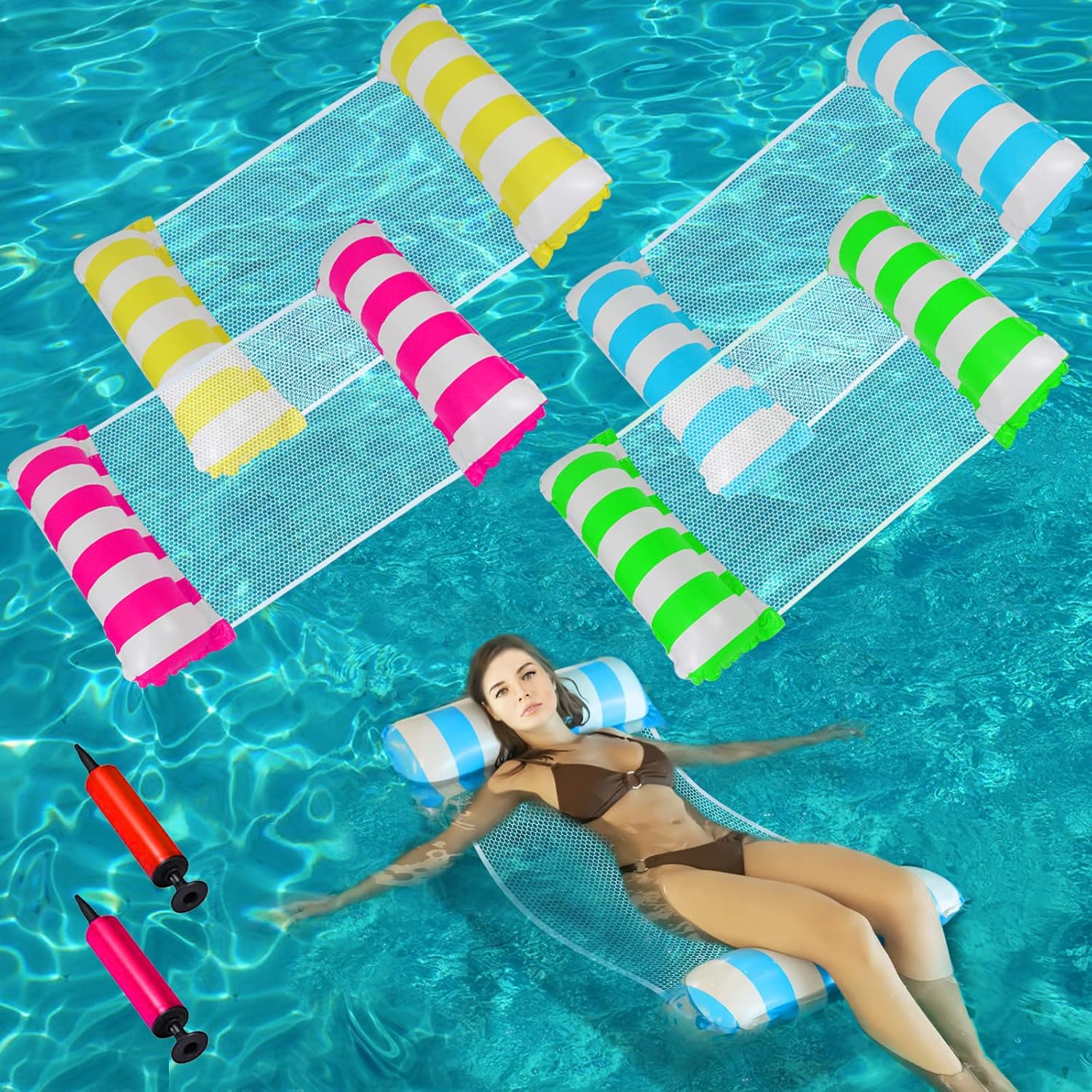 Galleggianti gonfiabili per piscina per adulti, 2 pezzi 4-in-1 Gonfiabili per piscina con amaca gonfiabile multiuso (sella, poltrona, amaca, drifter) Sedia da piscina con pompa d'aria manuale per piscina sulla spiaggia