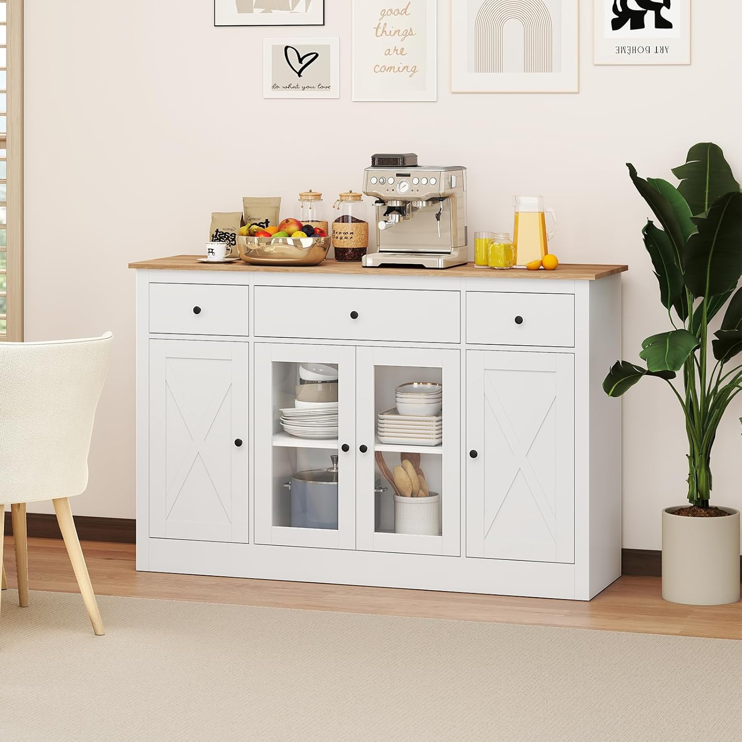 COSTWAY Credenza Cucina, Mobiletto da Cucina con 3 Cassetti, 3 Armadietti, 2 Ante Trasparenti e Ripiani Regolabili, Mobile Buffet Dispensa per Sala da Pranzo e Soggiorno, 140 x 40 x 90 cm (Bianco)