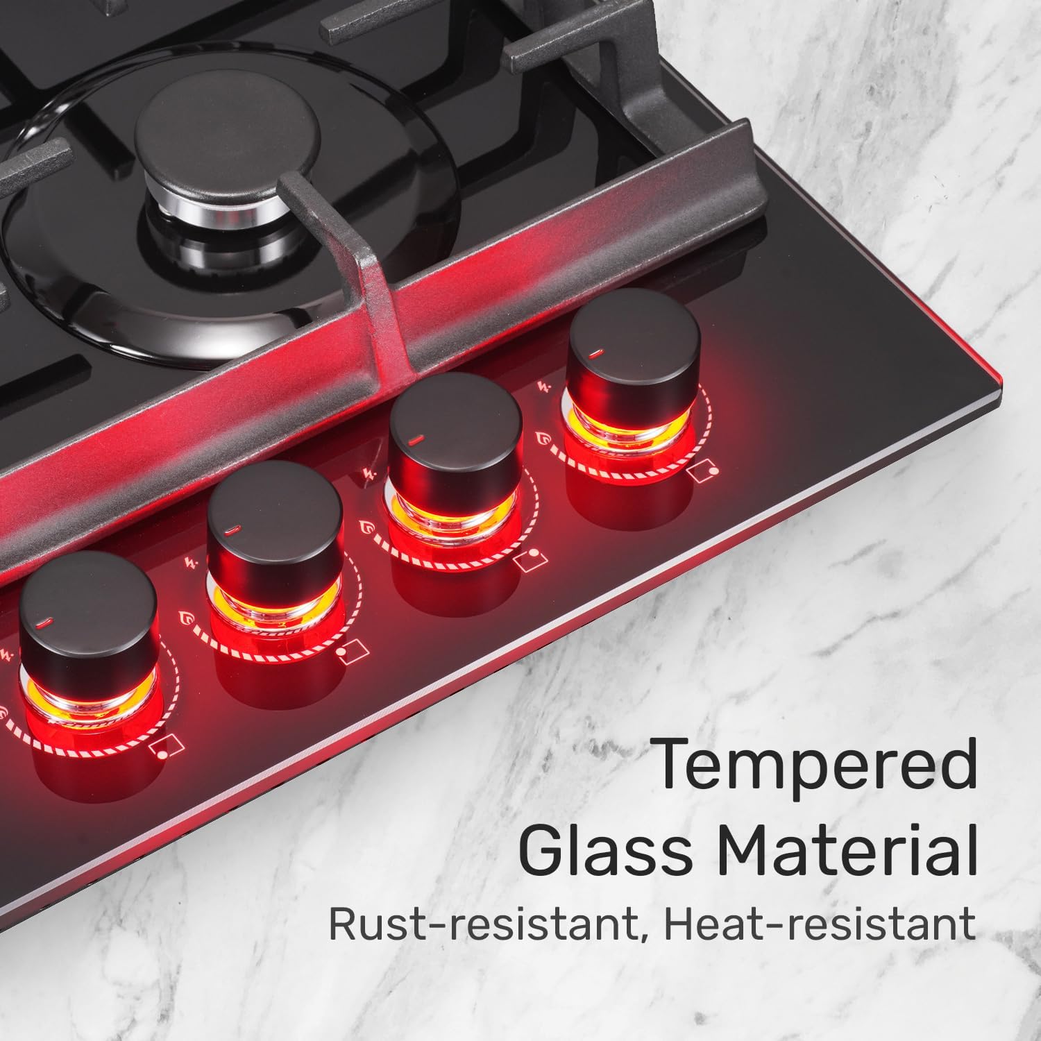 TOPWISH Gaskochfeld 4 flammig,Einbau Gaskochfeld,Gaskochfelder mit rote beleuchteter Drehknopf,ghärtetes Glas-Gaskochfeld,Glasherd,NG/LPG Konvertierbar,Automatischer Thermoelementschutz,60cm,8000 Watt