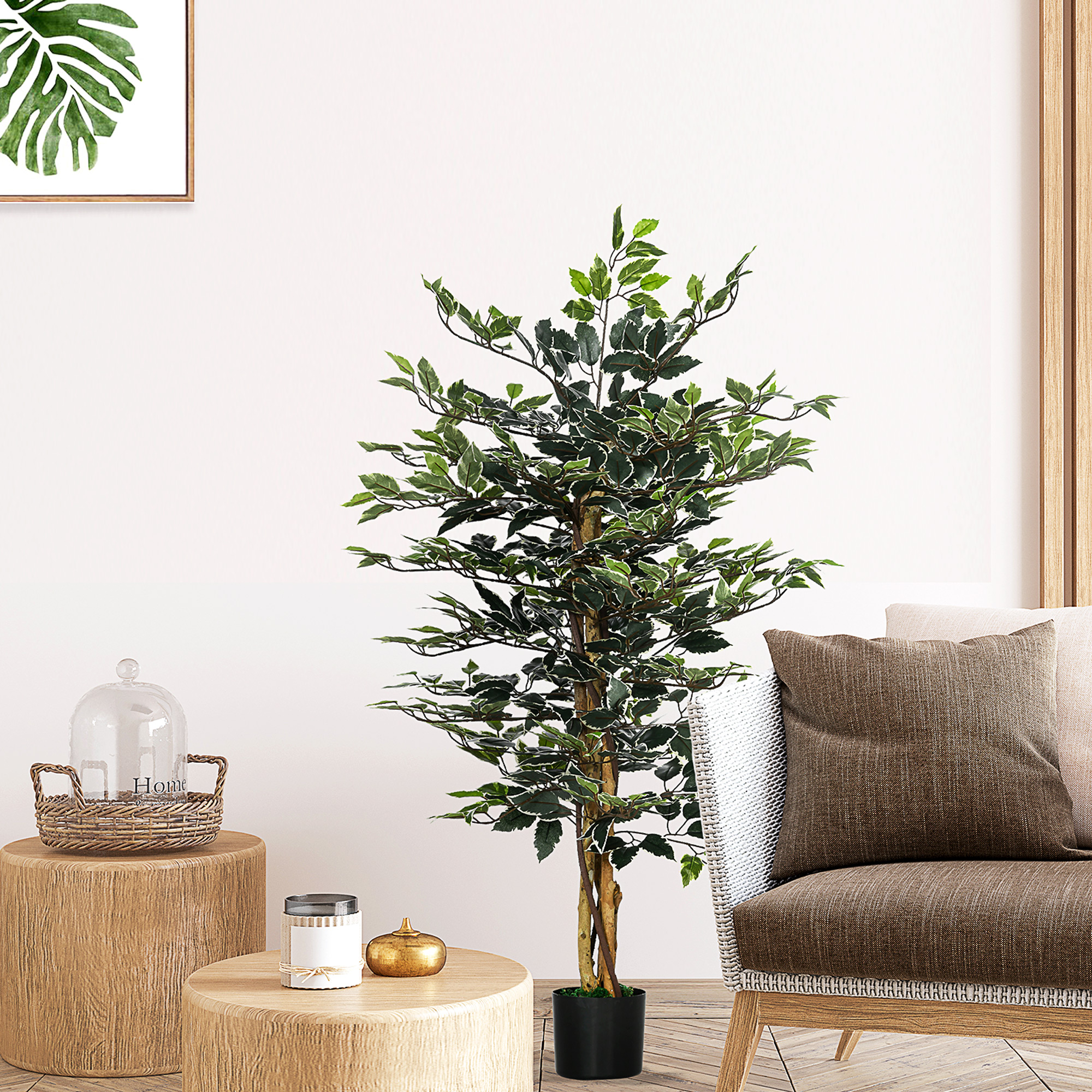 HOMCOM Künstlicher Ficus Pflanze Stamm Zweige Liane Moosblaetter Topf inklusive Höhe 1,3 m