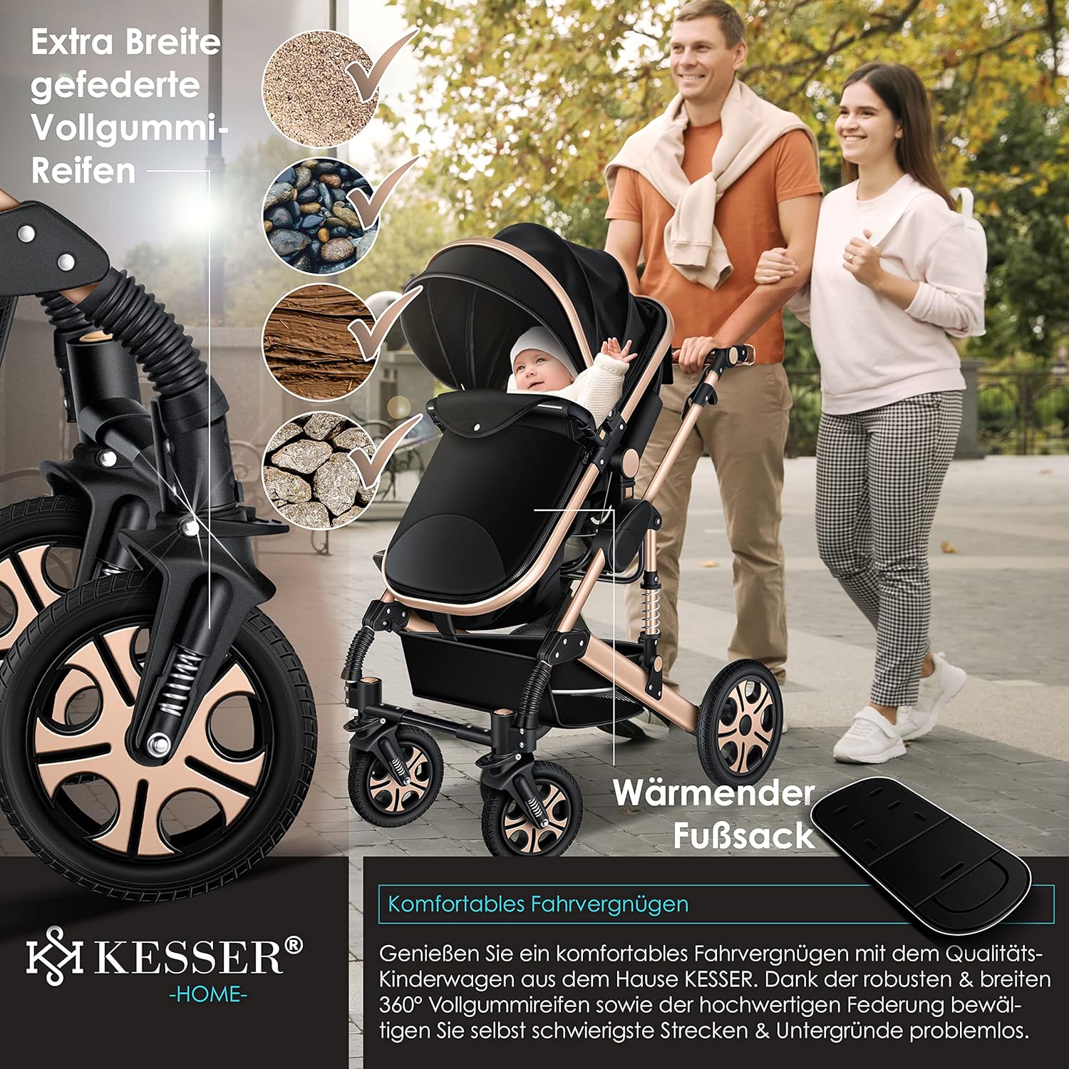 KESSER® Loops 3 in 1 Kinderwagen Kombikinderwagen Komplett-Set inkl. Babywanne & Buggy Sportsitz & Auto-Babyschale Voll-Gummireifen Wickeltasche Regenschutz Kindertisch ECE R129, Schwarz/Schwarz