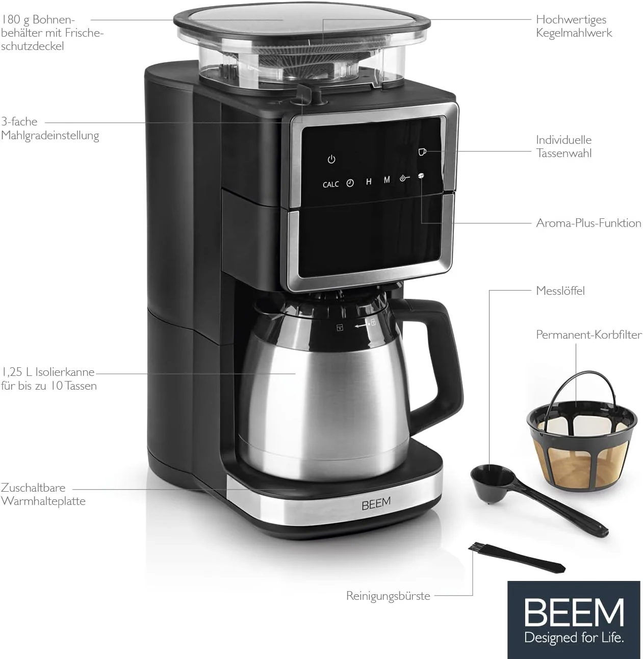 BEEM FRESH-AROMA-PERFECT III Filterkoffiezetapparaat met maalwerk - Duo | Met thermos- & glazen kan | Aroma-Plus-functie | 24-uurs timer | 1000 W | voor maximaal 10 kopjes [roestvrij staal]