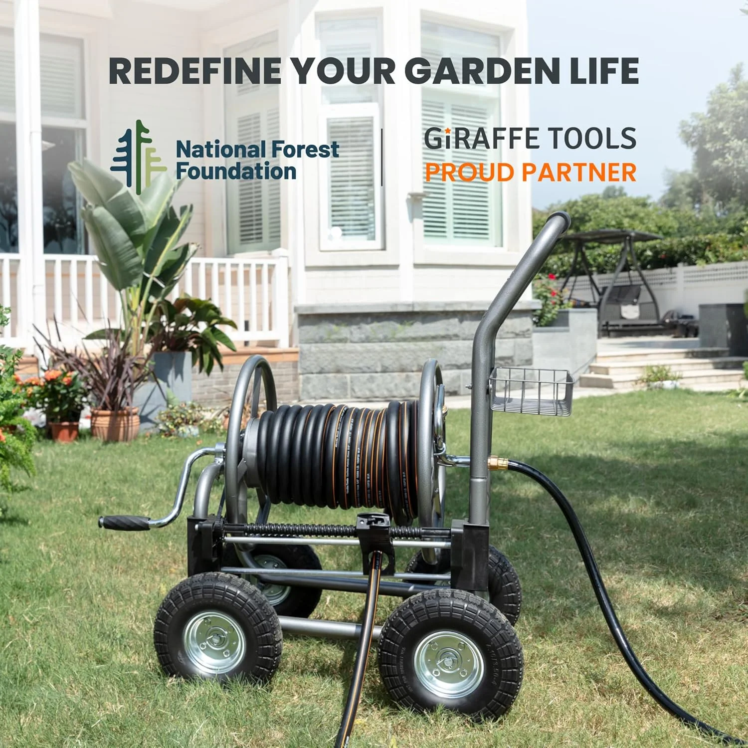 Giraffe Tools Heavy Duty Industrial Garden Hose Reel Cart with Wheels, 5/8in-250ft Hose Capacity