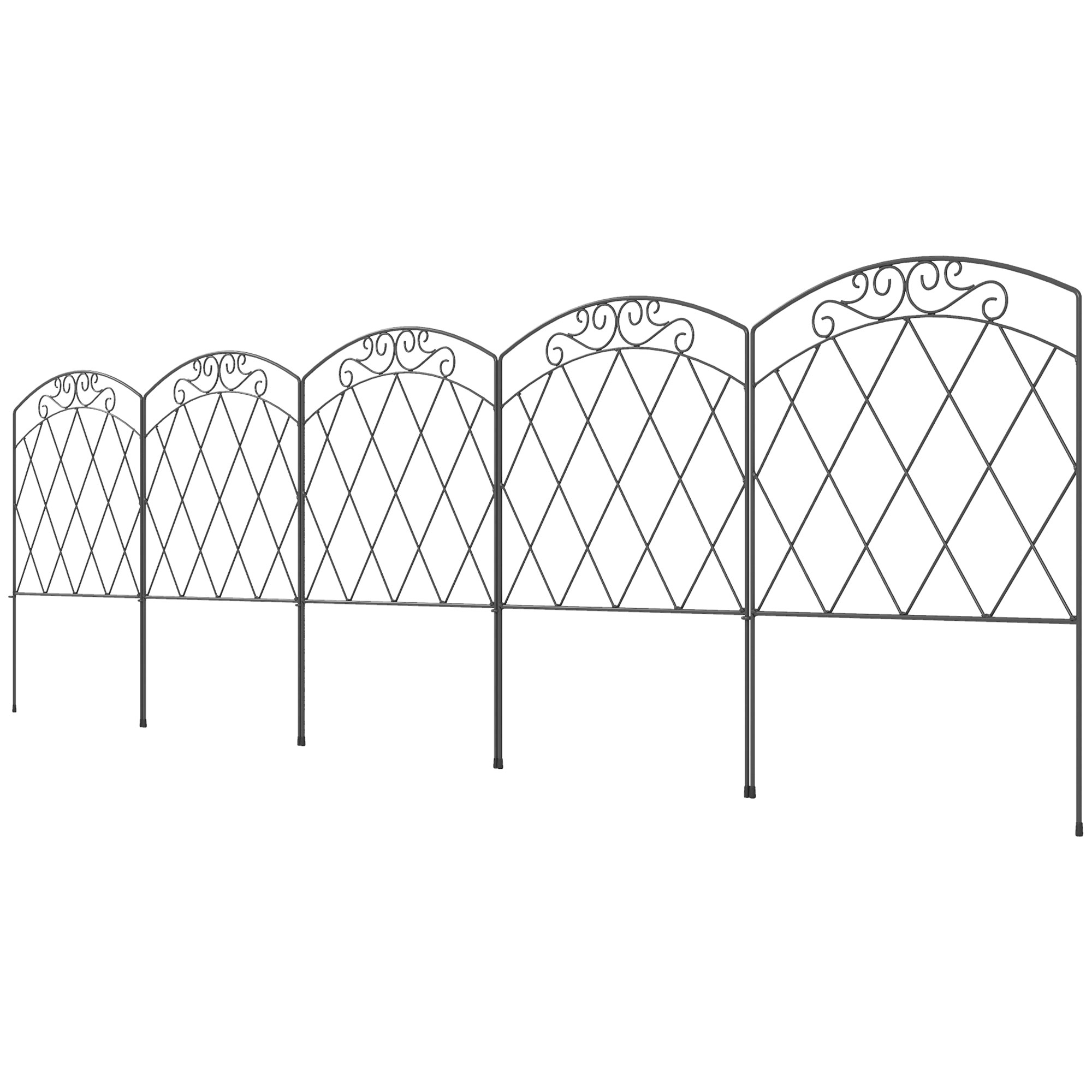 Outsunny Set aus 5 dekorativen Gartenzaunpaneelen, schwarze Metallumrandung mit Verzierungen für Blumenbeete - 305 x 80 cm schwarz