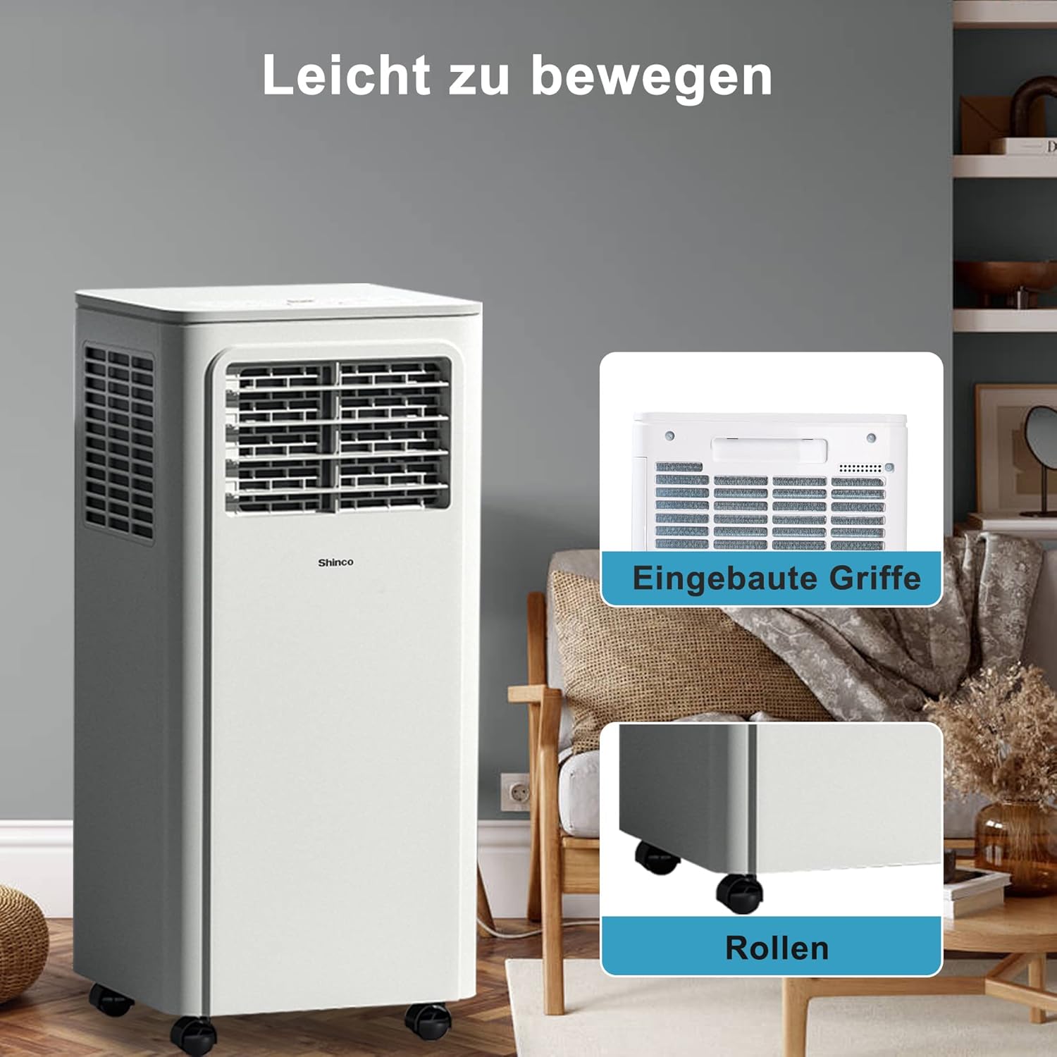 SHINCO Mobile Klimaanlage mit Abluftschlauch, 9000BTU, 2,6 kW, Kühlen&Ventilieren&Entfeuchten, Mobiles Klimagert mit Schlafmodus, Raumgre bis 22㎡, 24-Stunden-Timer